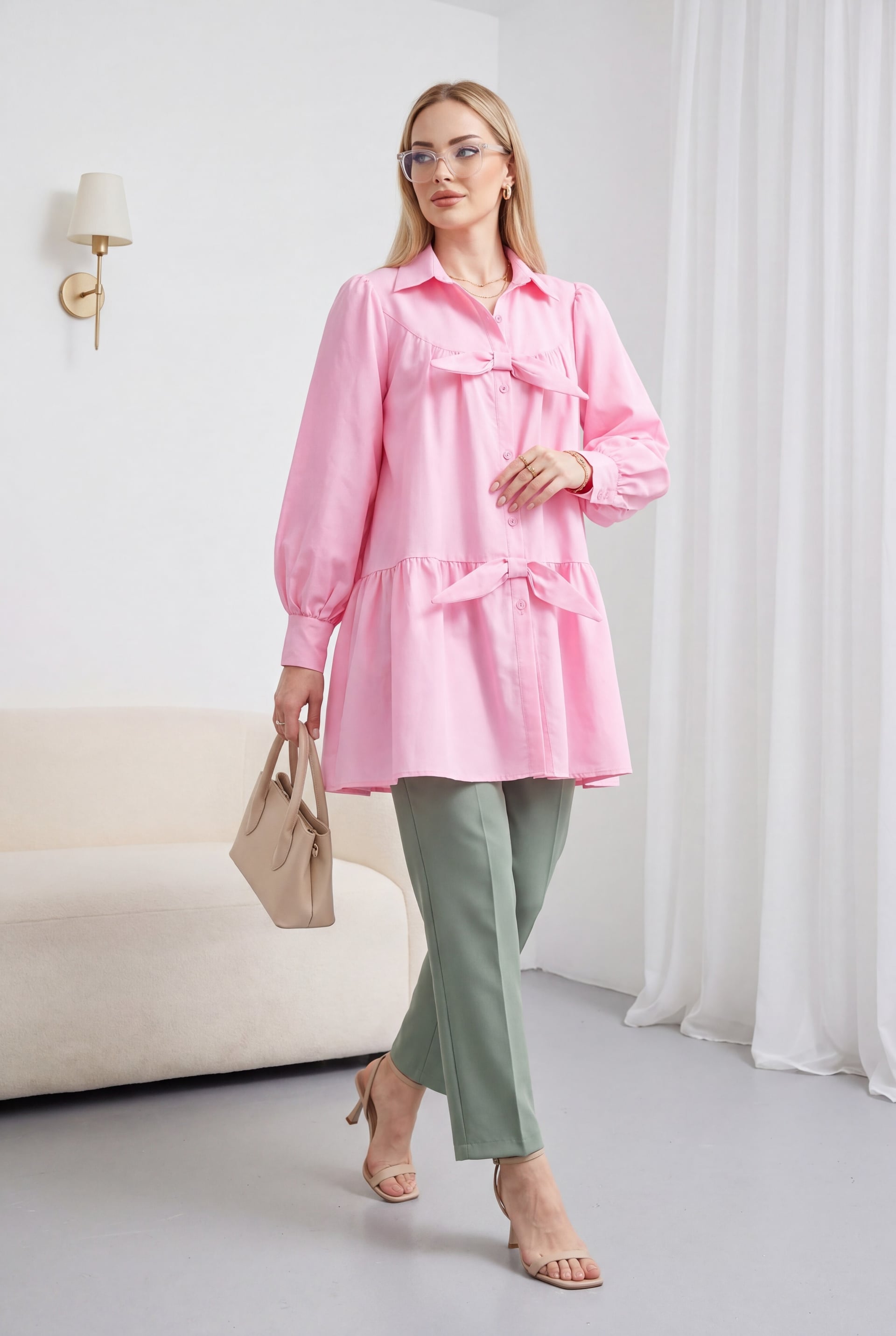 Women's Pink Button-Front Ribbon Detail Tunic - Podyumplus - by Peralane