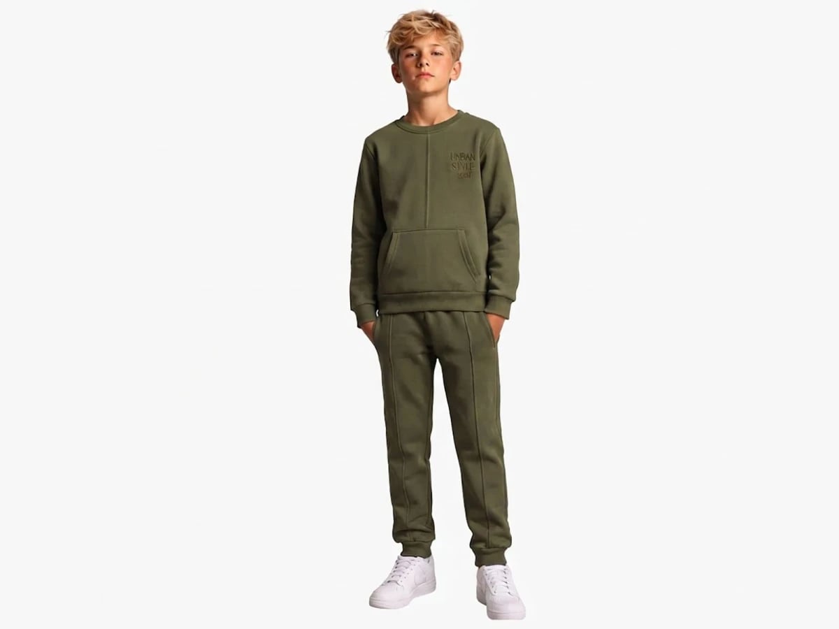 Boys' Olive Green Urban Style Printed Hooded Sweatshirt and Trousers Set - Koska - by Peralane