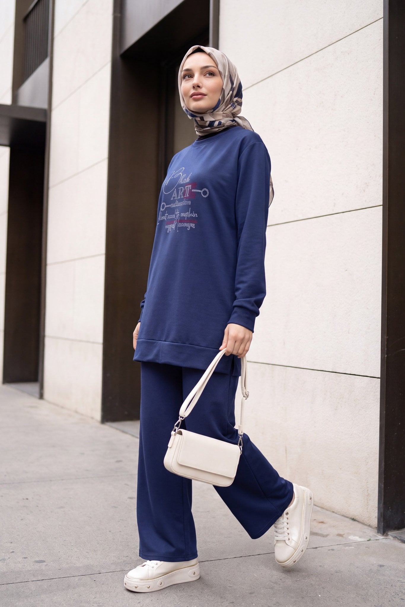 Navy Blue Sweatshirt and Trousers Tracksuit Set with Rhinestone Text Detail - Podyumplus - by Peralane - photo 2