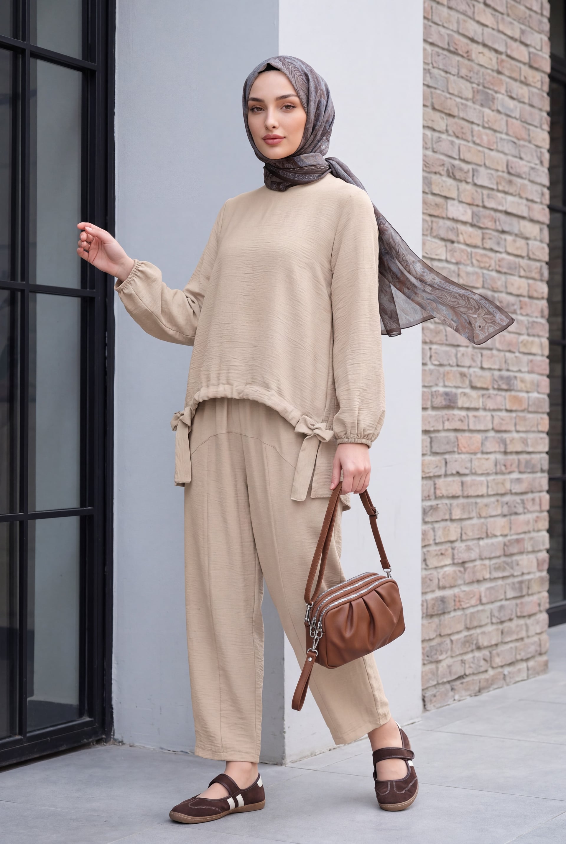 Beige Modest Tunic and Trousers Set with Hijab - Podyumplus - by Peralane