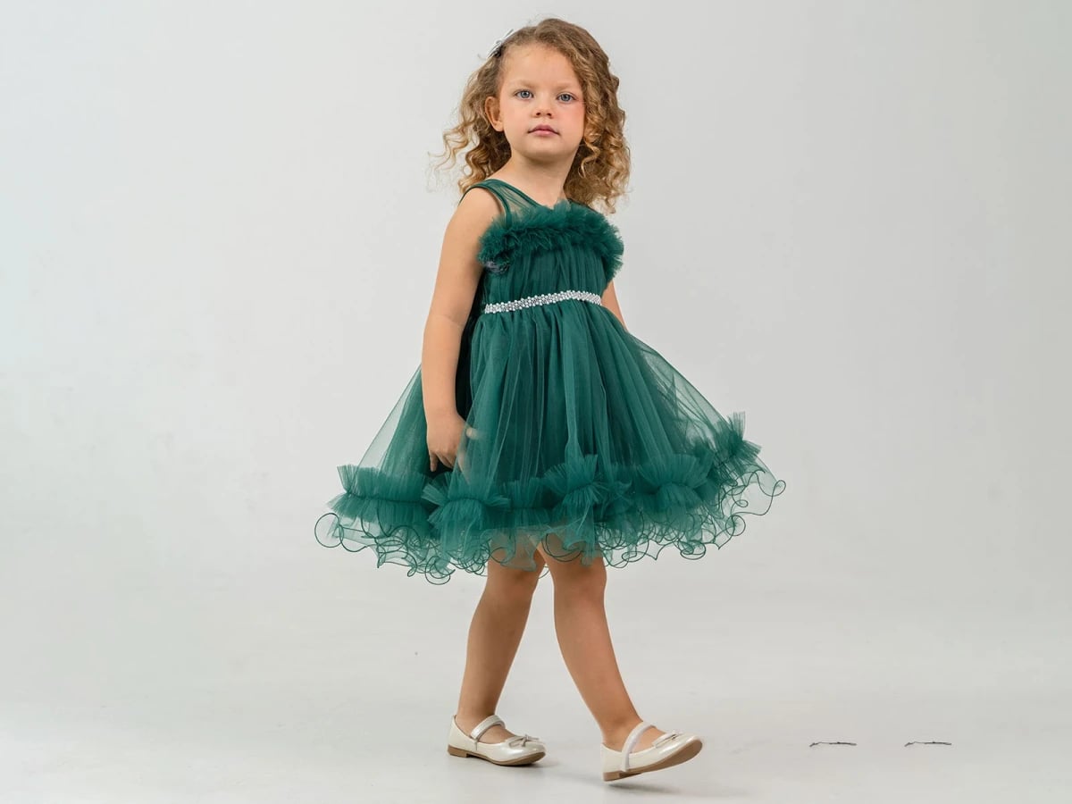 Ruffled Tulle Party Dress for Girls - Emerald Green - Mertoglu Kids - by Peralane