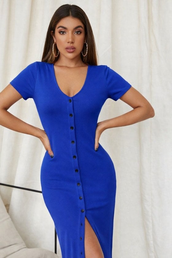 Women's Short-Sleeved V-Neck Button-Front Maxi Dress in Royal Blue - Janes - by Peralane - photo 4