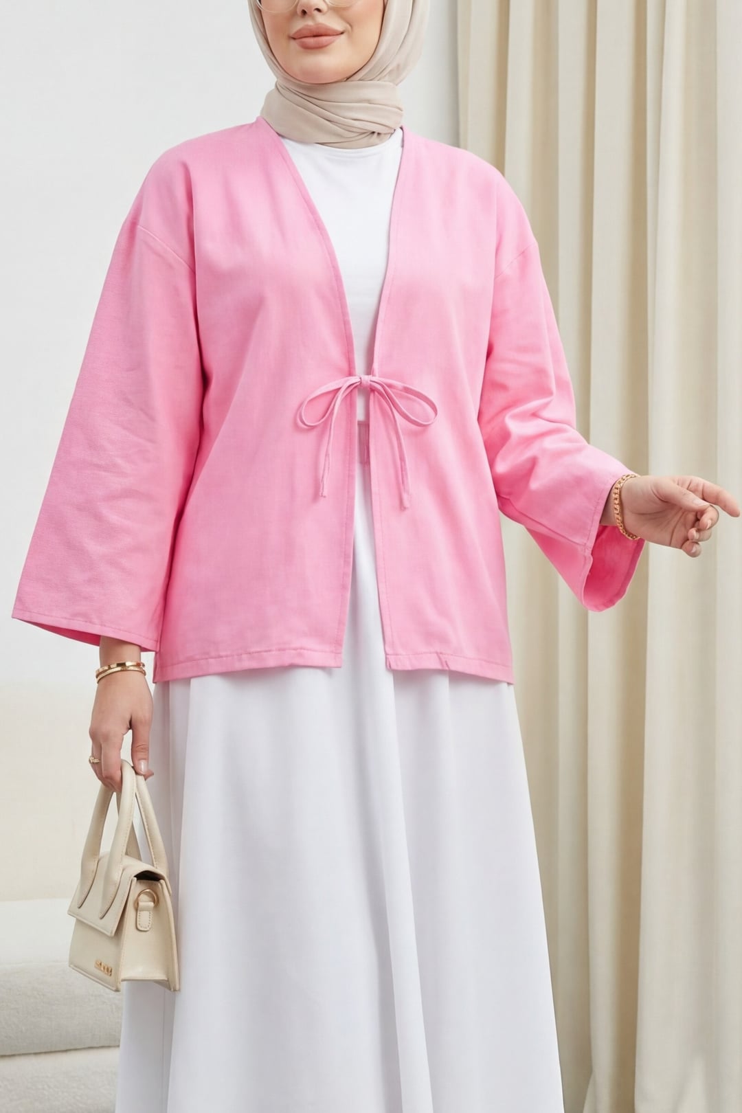 Front Tie Poplin Kimono - Pink - Podyumplus - by Peralane