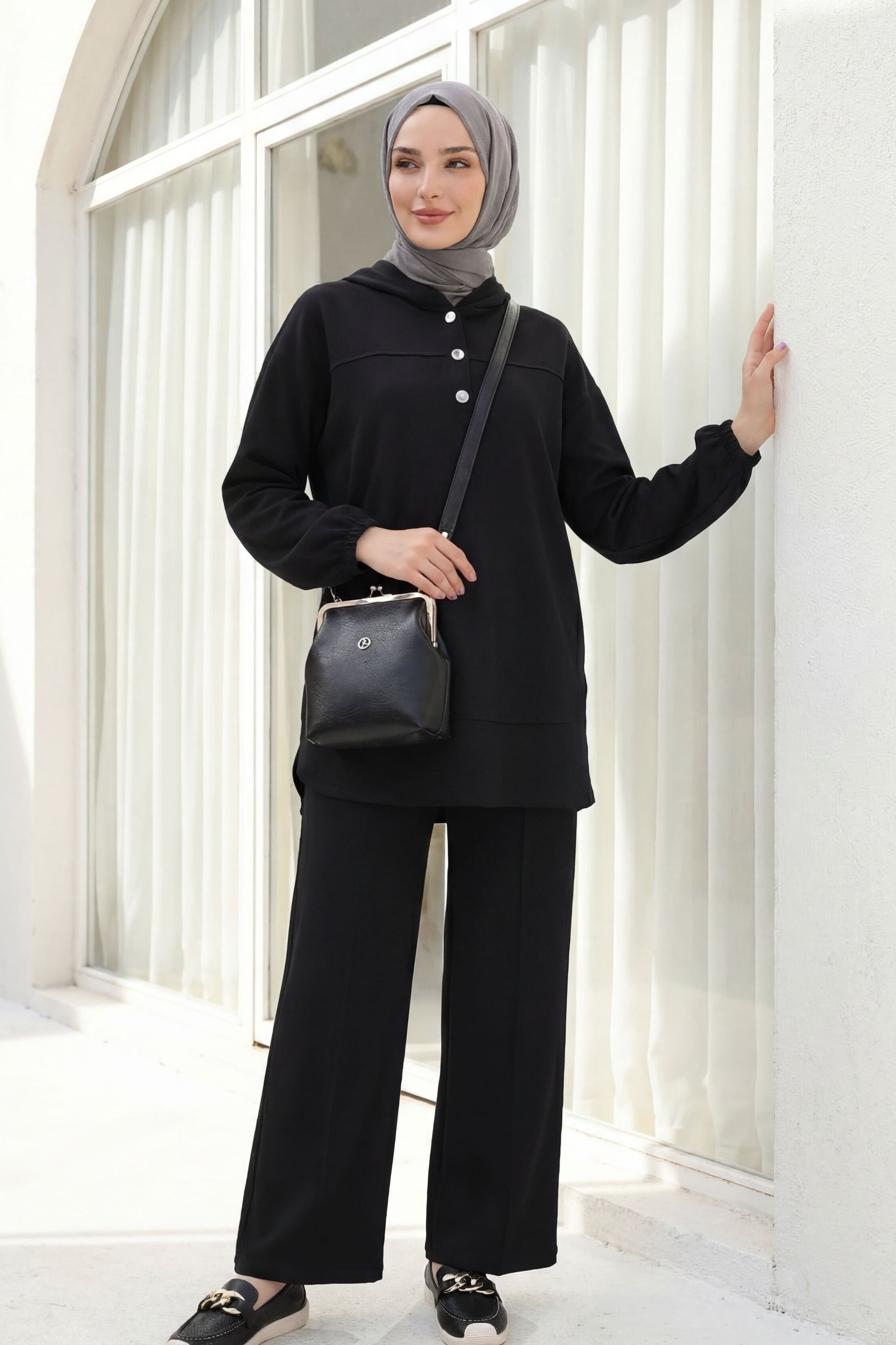 Hooded Half-Button Top and Pocket Wide-Leg Trousers Two-Piece Set in Black - Podyumplus - by Peralane
