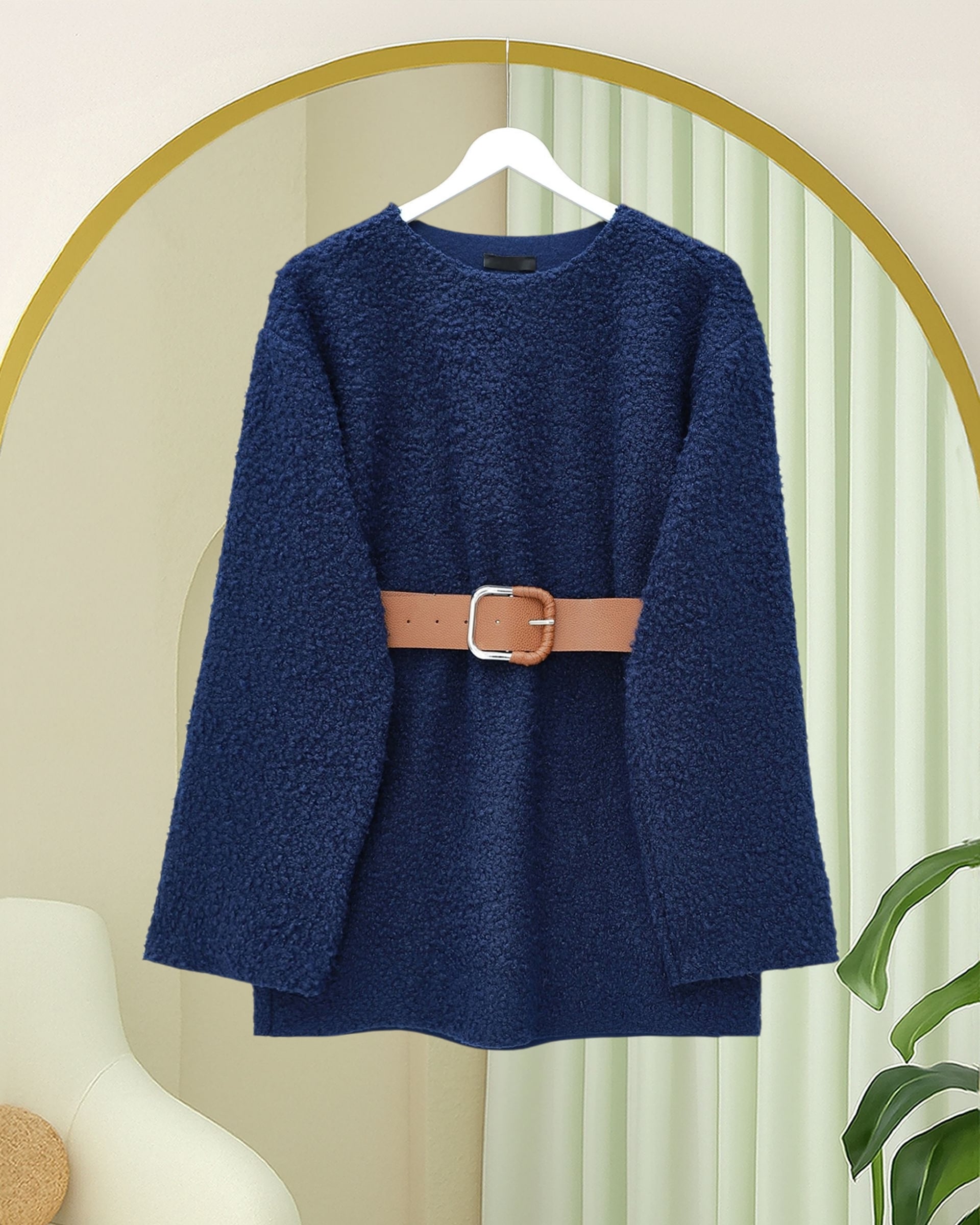Navy Blue Thick Belted Boucle Tunic Sweater - Podyumplus - by Peralane - photo 3