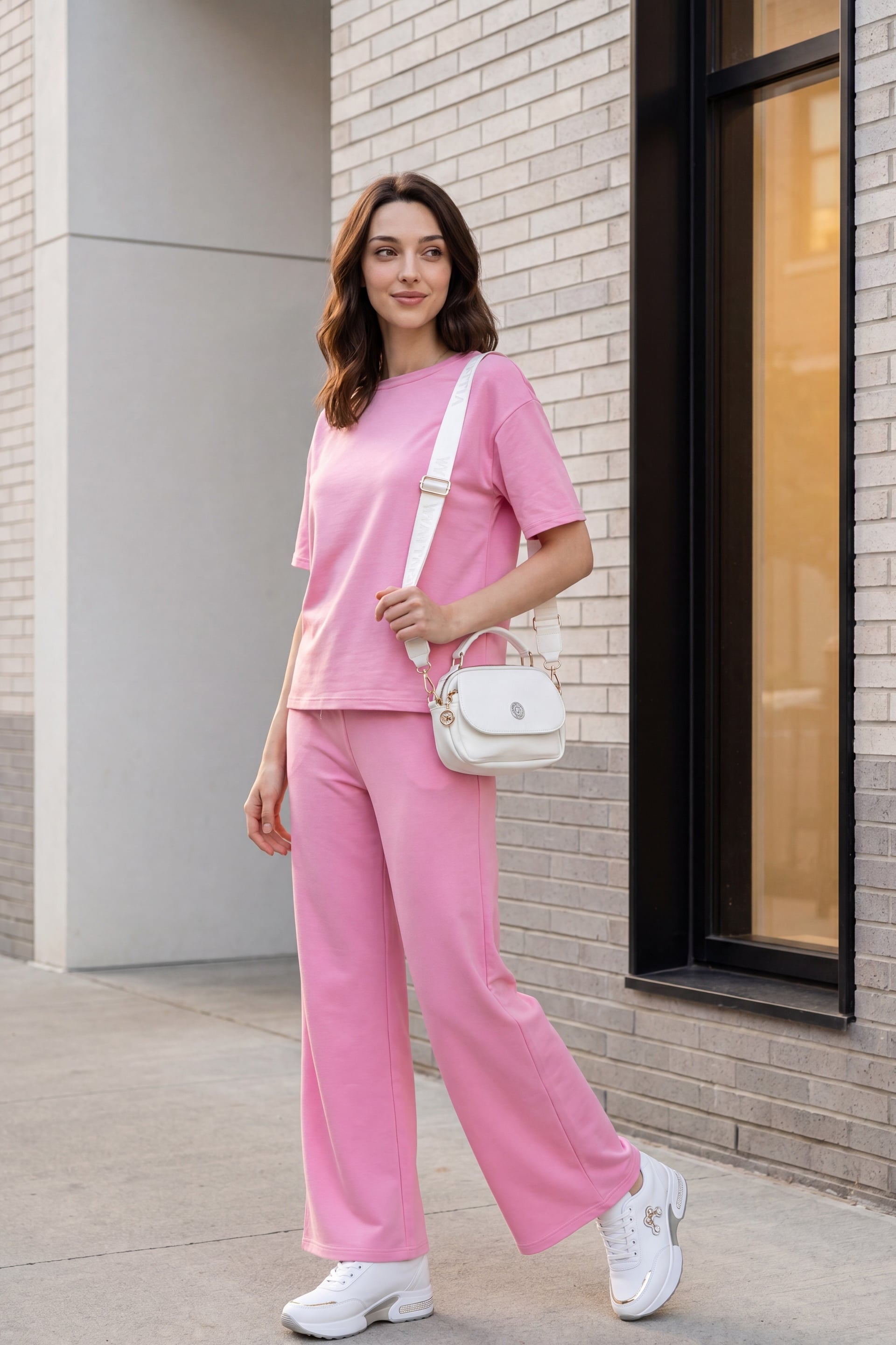Crew Neck Short Sleeve Pants Set with Pockets and Drawstring Waist - Cotton-blend Knit - Pink - Podyumplus - by Peralane - photo 3