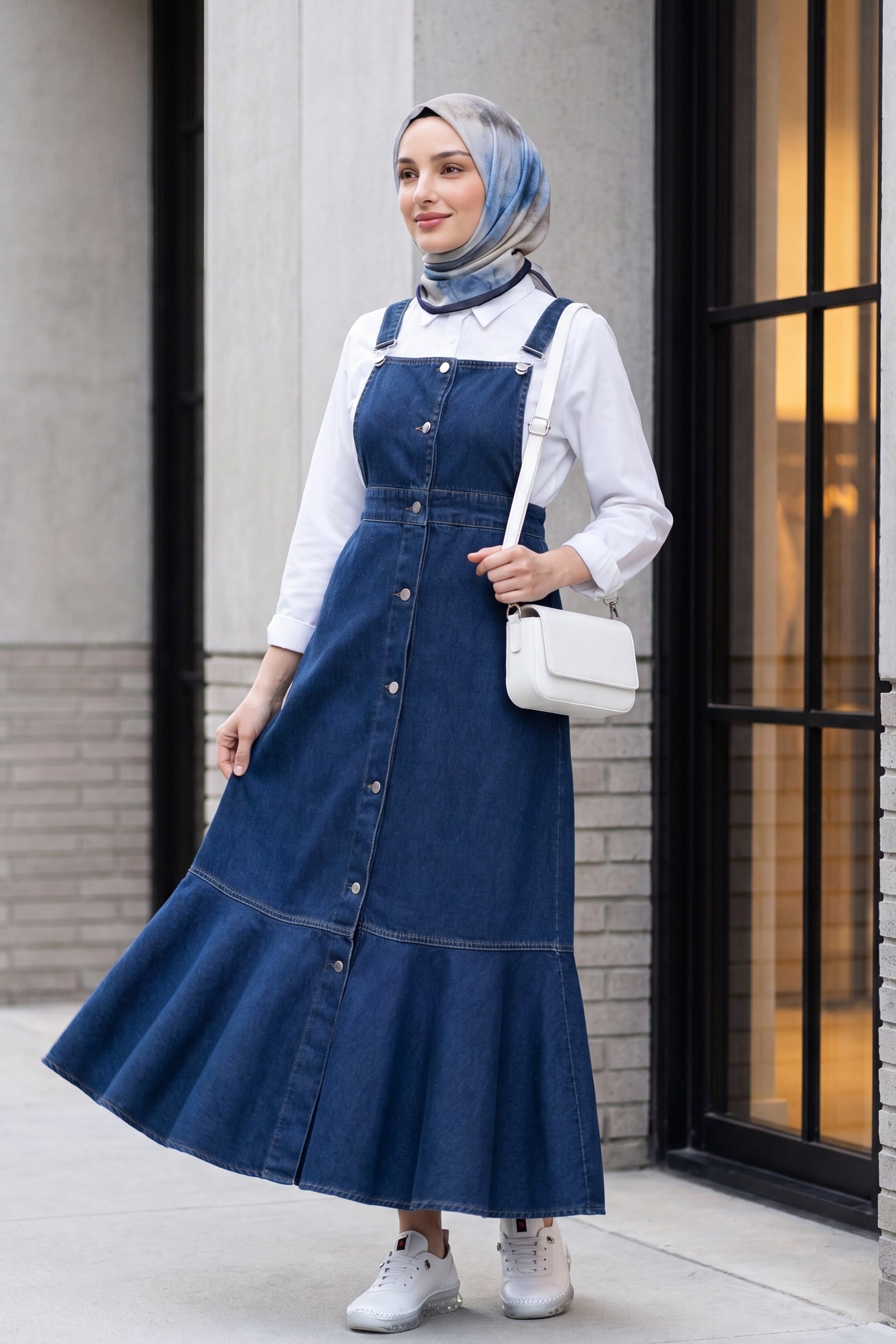Button-Front Denim Pinafore Dress with Ruffled Hem - Dark Blue - Podyumplus - by Peralane - photo 2