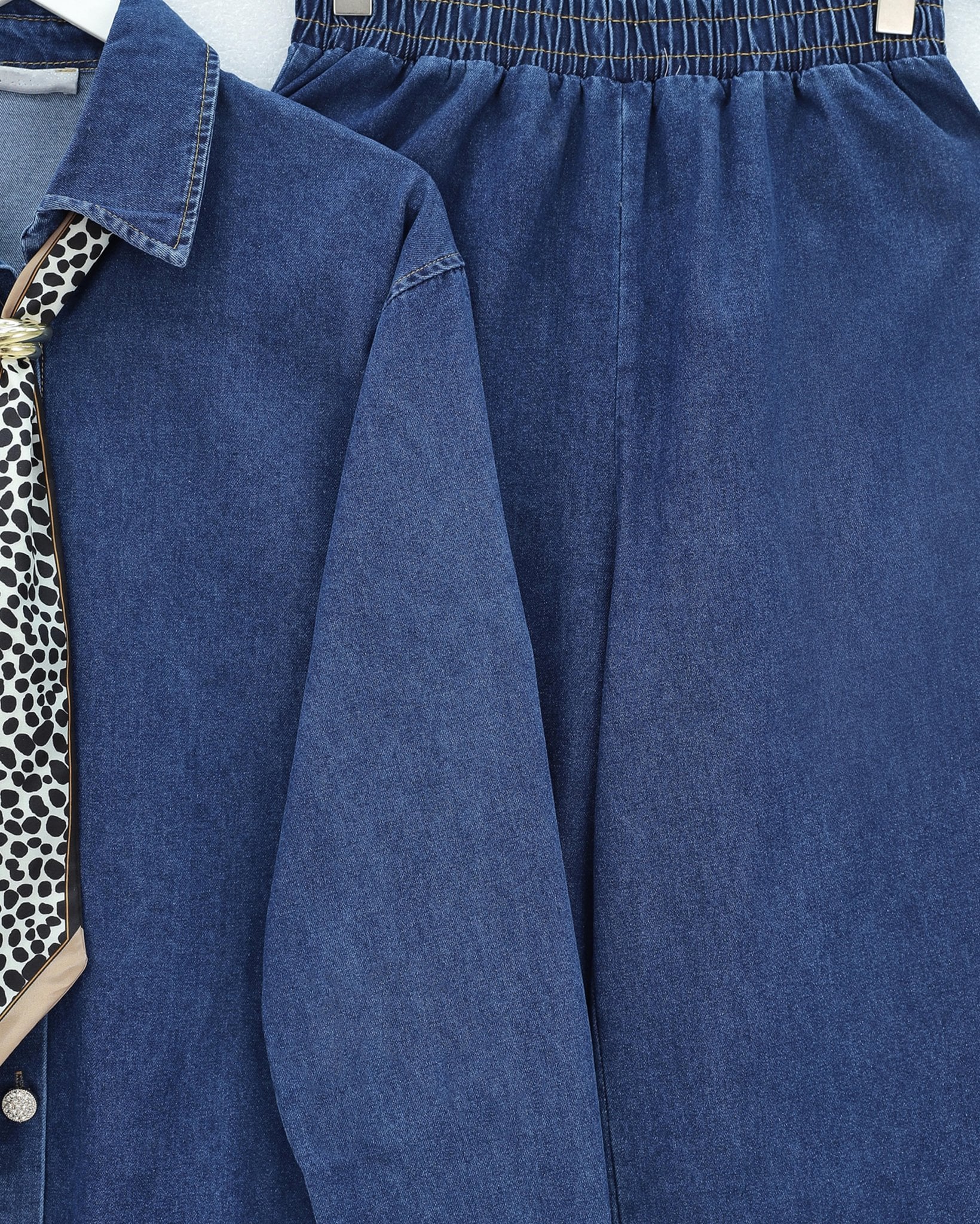 Wide-Leg Elastic Waist Denim Set with Scarf Detail - Indigo - Podyumplus - by Peralane - photo 4