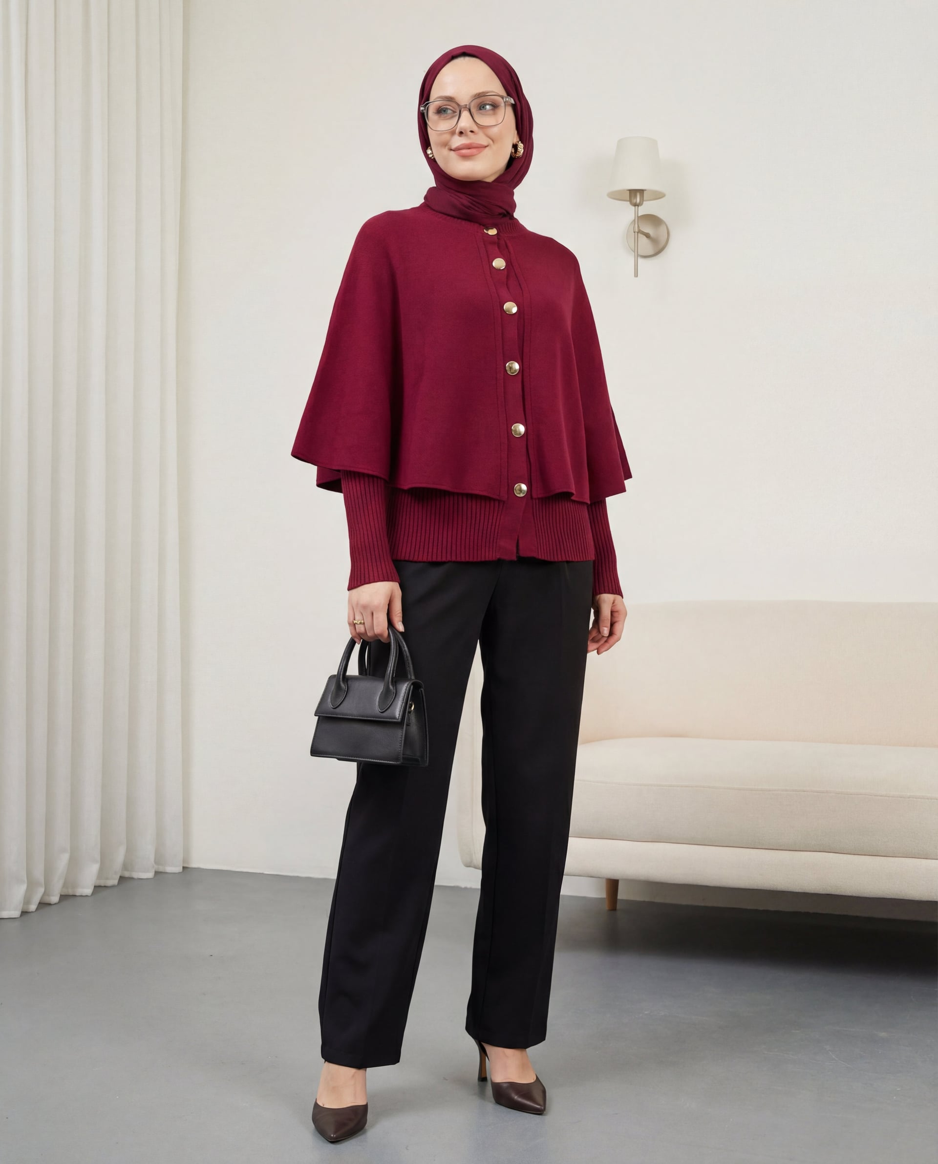 Women's Burgundy Knit Capelet Cardigan Set 15967 - Bigdart - by Peralane