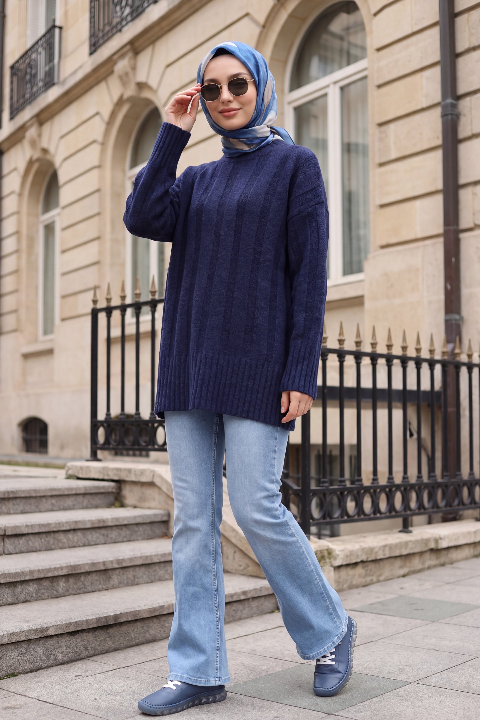 Half Collar Striped Pattern Soft Knit Sweater - Navy Blue - Podyumplus - by Peralane - photo 2