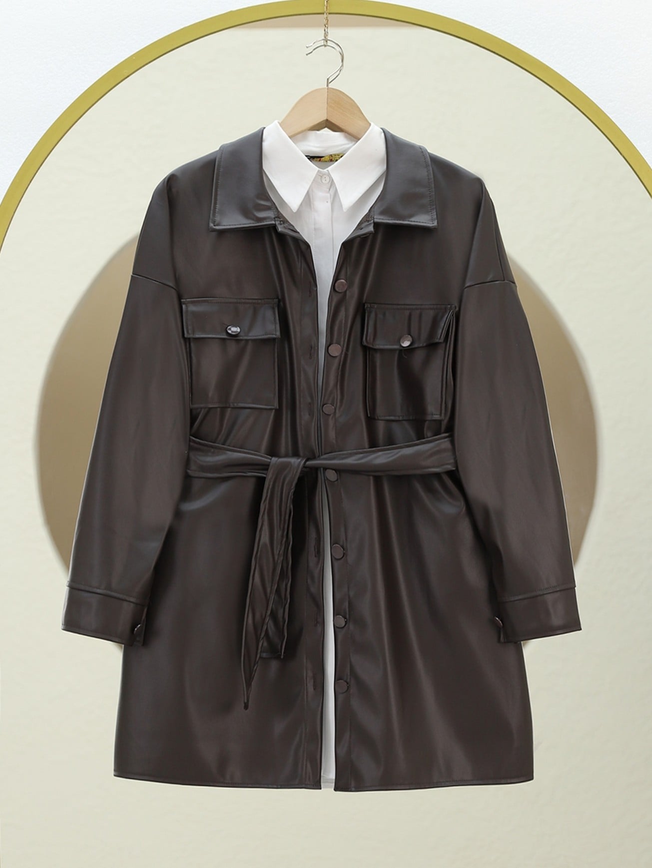 Waist-Tie Double-Pocket Faux Leather Jacket - Dark Brown - Podyumplus - by Peralane - photo 2