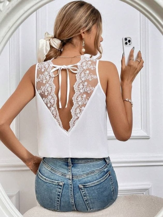 Women's Sleeveless V-Neck Lace Trim Blouse with Back Lace-Up Detail - Janes - by Peralane - photo 6