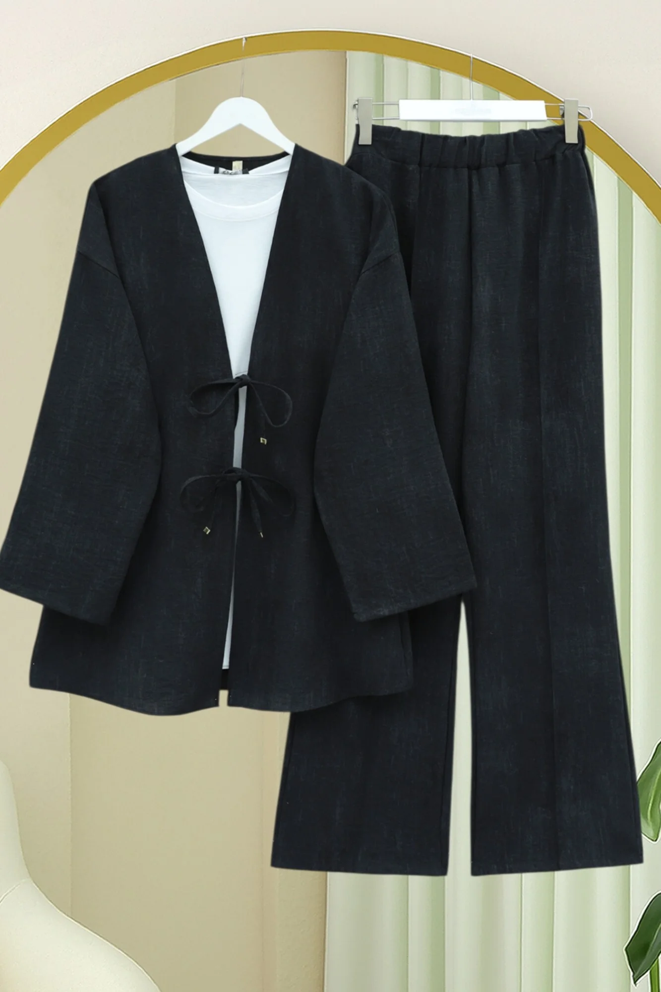 Tie-Front Kimono Set with Wide-Leg Trousers - Black - Podyumplus - by Peralane - photo 3