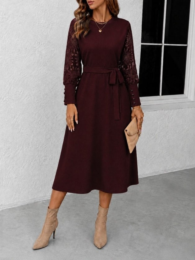 Women's Long-Sleeved Round Neck Belted Midi Waffle Dress - Janes - by Peralane