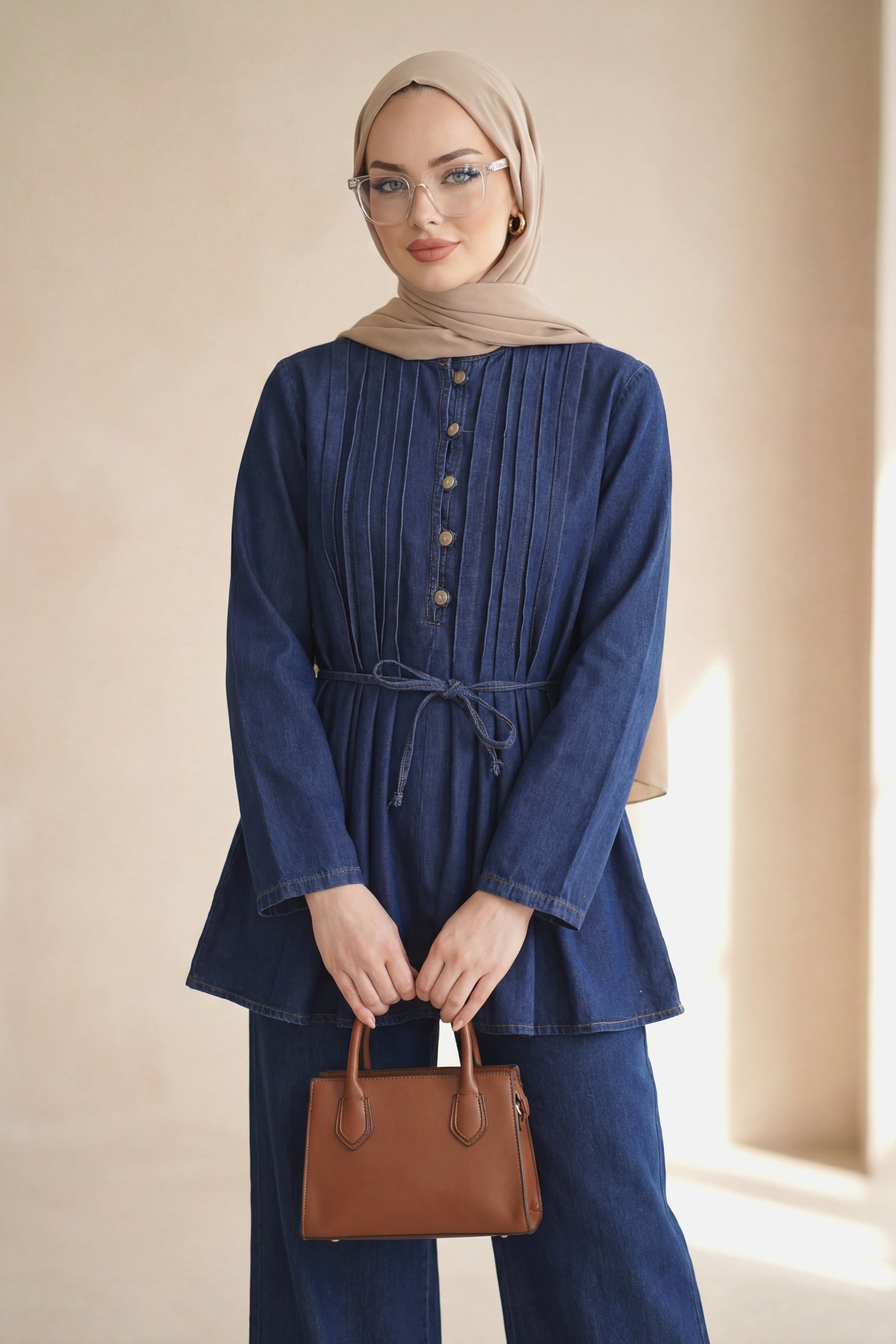 Half Button Front Pleated Tie Waist Denim Tunic and Trousers Set - Dark Blue - Podyumplus - by Peralane - photo 5