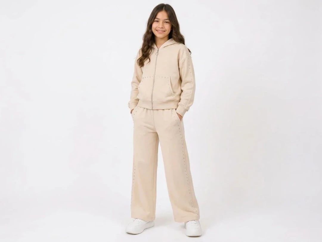 Girls' Tracksuit Set with Studded Details - Beige - Mensis - by Peralane