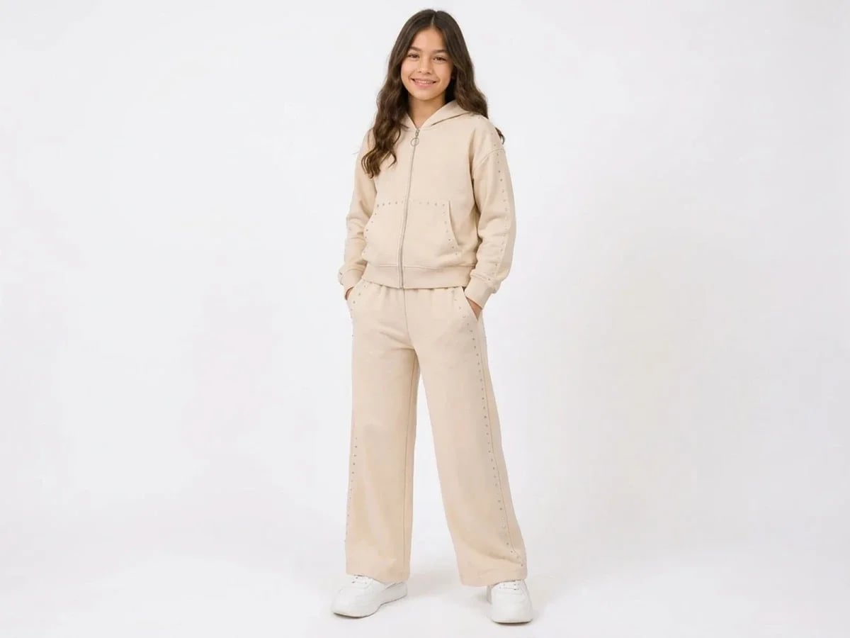 Girls' Tracksuit Set with Studded Details - Beige - Mensis - by Peralane