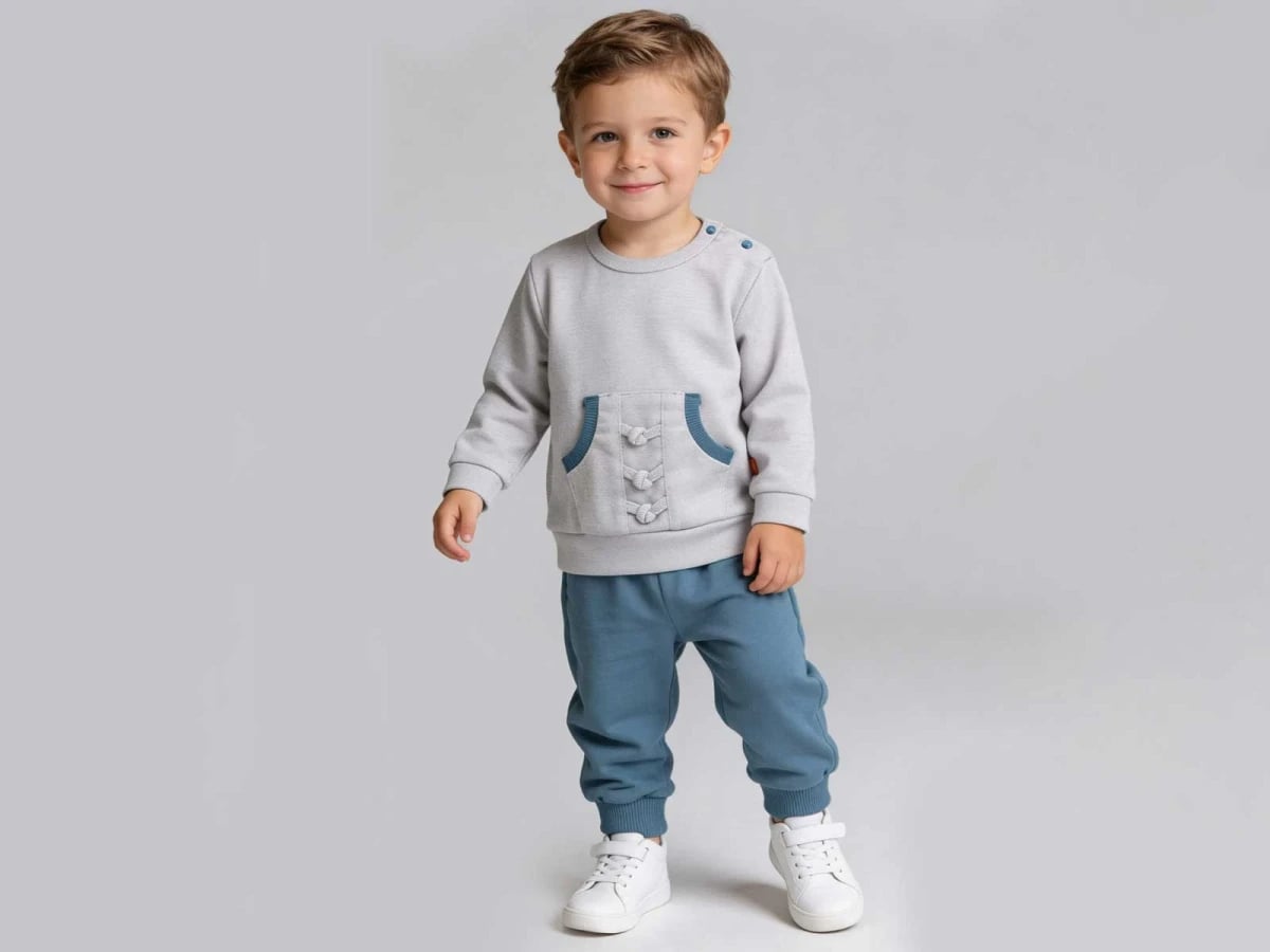 Kangaroo Pocket Baby Boy Set - Light Grey Sweatshirt and Blue Trousers - Beyaz Bebek - by Peralane