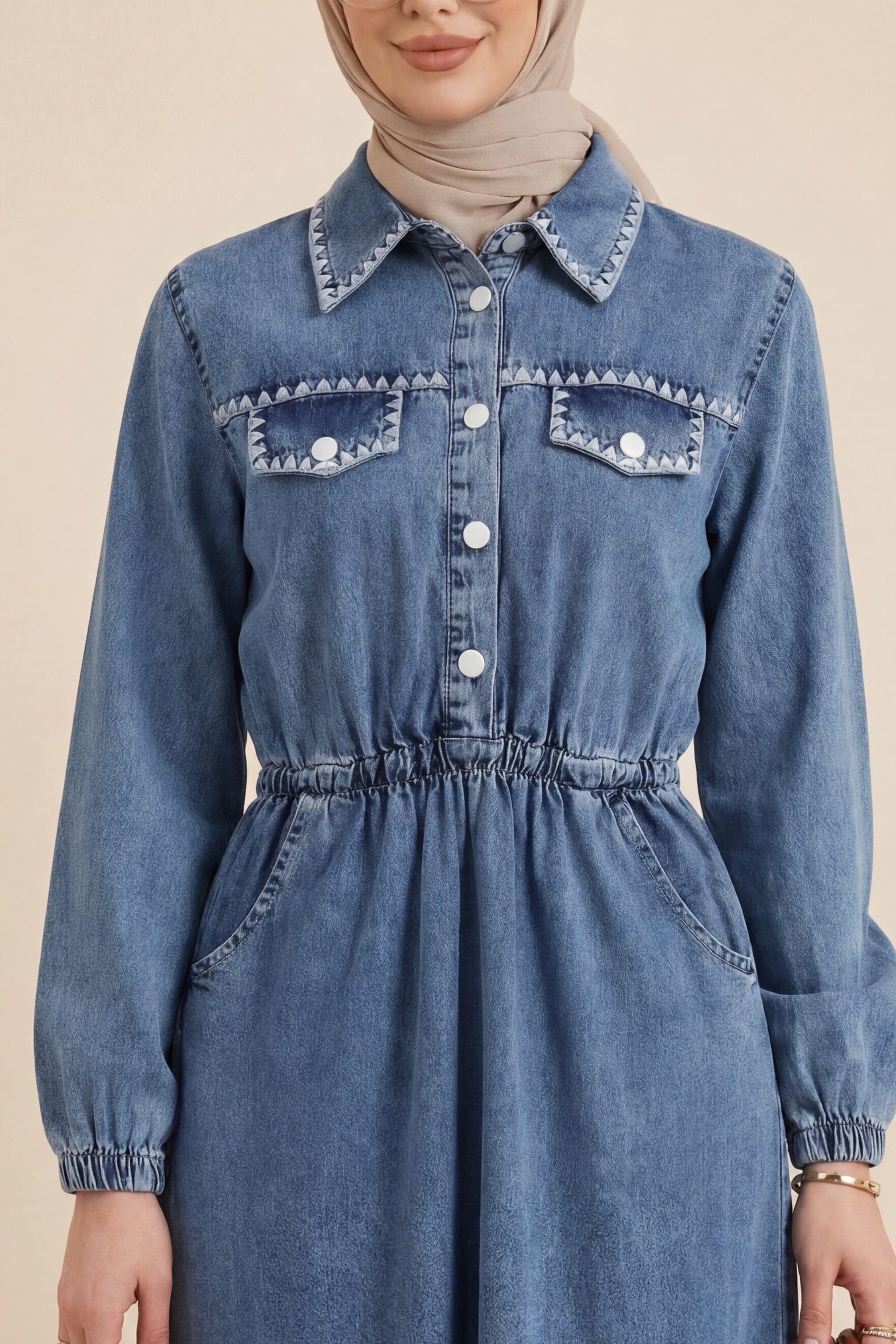 Half Button Elastic Waist Pocket Embroidered Denim Dress - Ice Blue - Podyumplus - by Peralane - photo 2