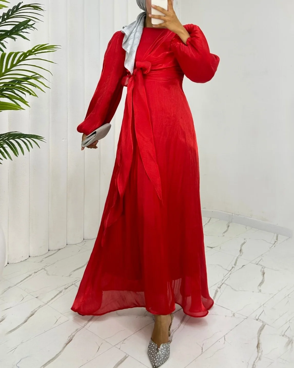 Red Cross-Front Tie Detail Shimmer Fabric Dress - Podyumplus - by Peralane - photo 3