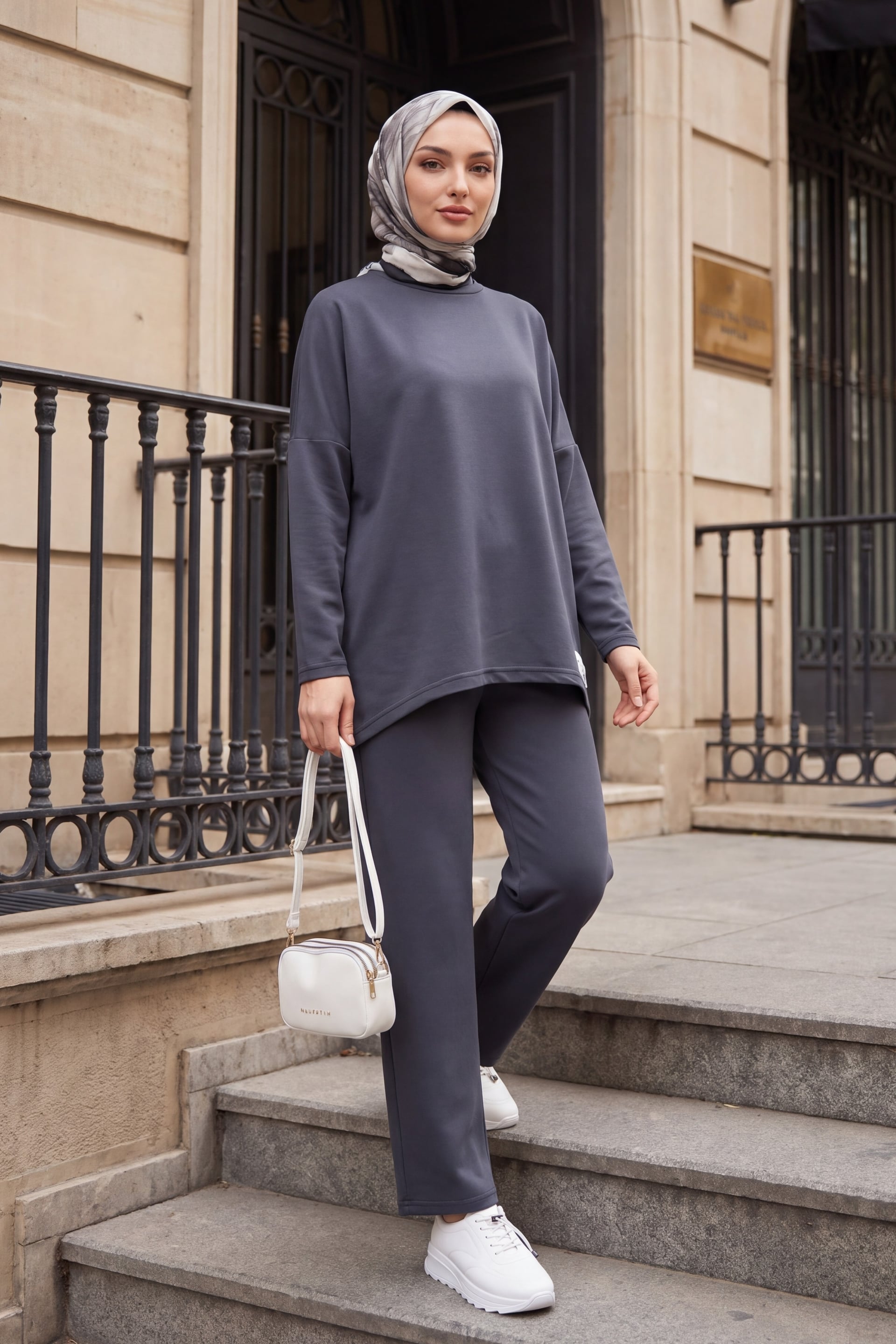 Round Neck Back-Long Pocket Oversize Stretch Jersey Co-ord Set - Smoke - Podyumplus - by Peralane