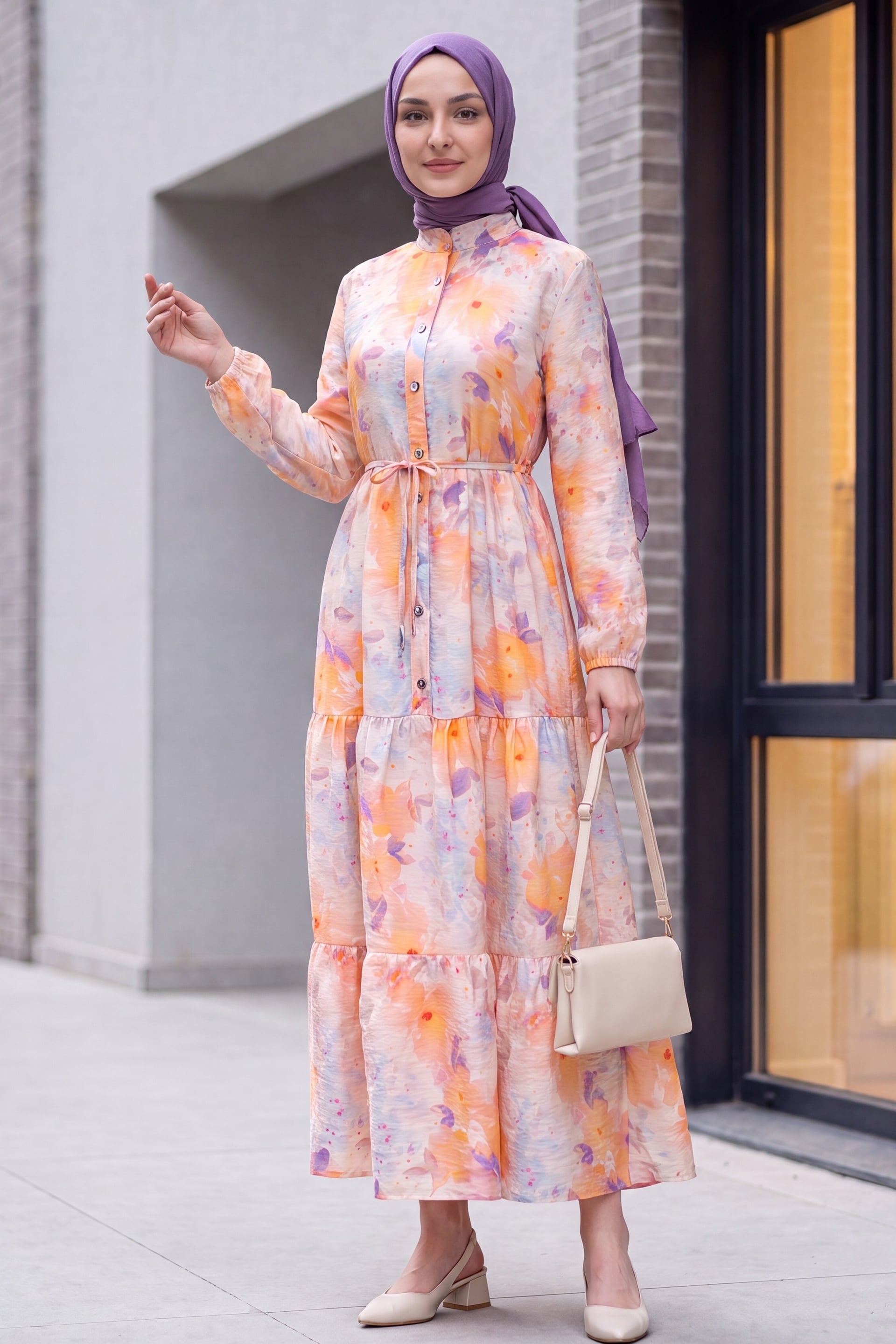 Women's Collared Button-Front Tiered Floral Maxi Dress with Elasticated Cuffs - Salmon Pink - Podyumplus - by Peralane - photo 7