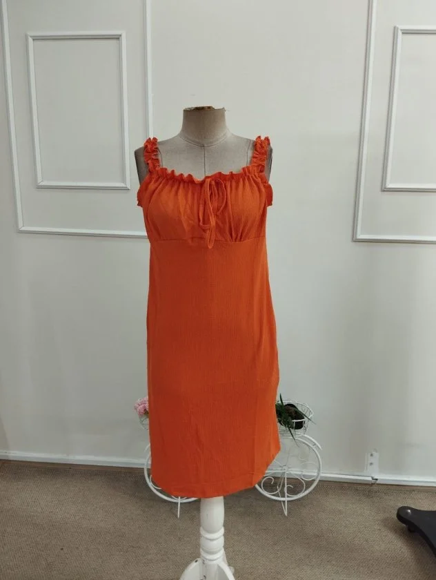 Women's Orange Ribbed Knit Bodycon Dress with Square Neckline and Tie-Front Detail - Janes - by Peralane - photo 5