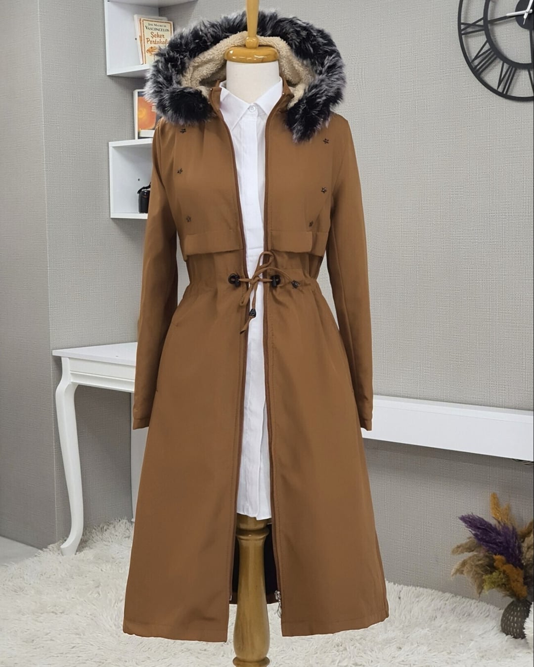 Long Hooded Coat with Drawstring Waist and Faux Fur Lining - Brown - Podyumplus - by Peralane - photo 3