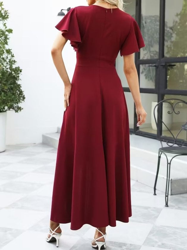 Women's Short Sleeve Wrap V-Neck Asymmetric Ruffle High-Low Dress in Deep Red - Janes - by Peralane - photo 3