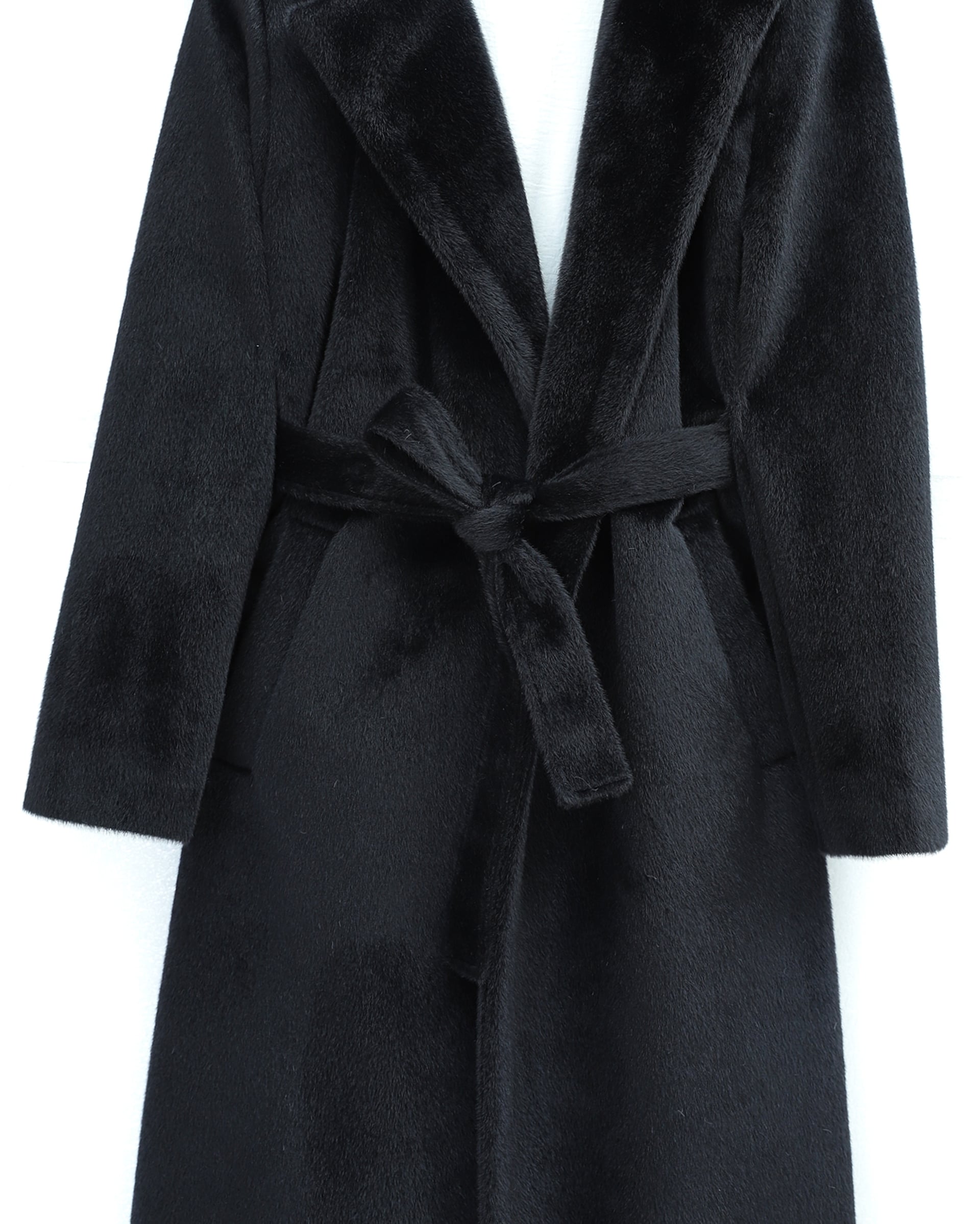 Belted Long Plush Coat with Pockets - Black - Podyumplus - by Peralane - photo 3
