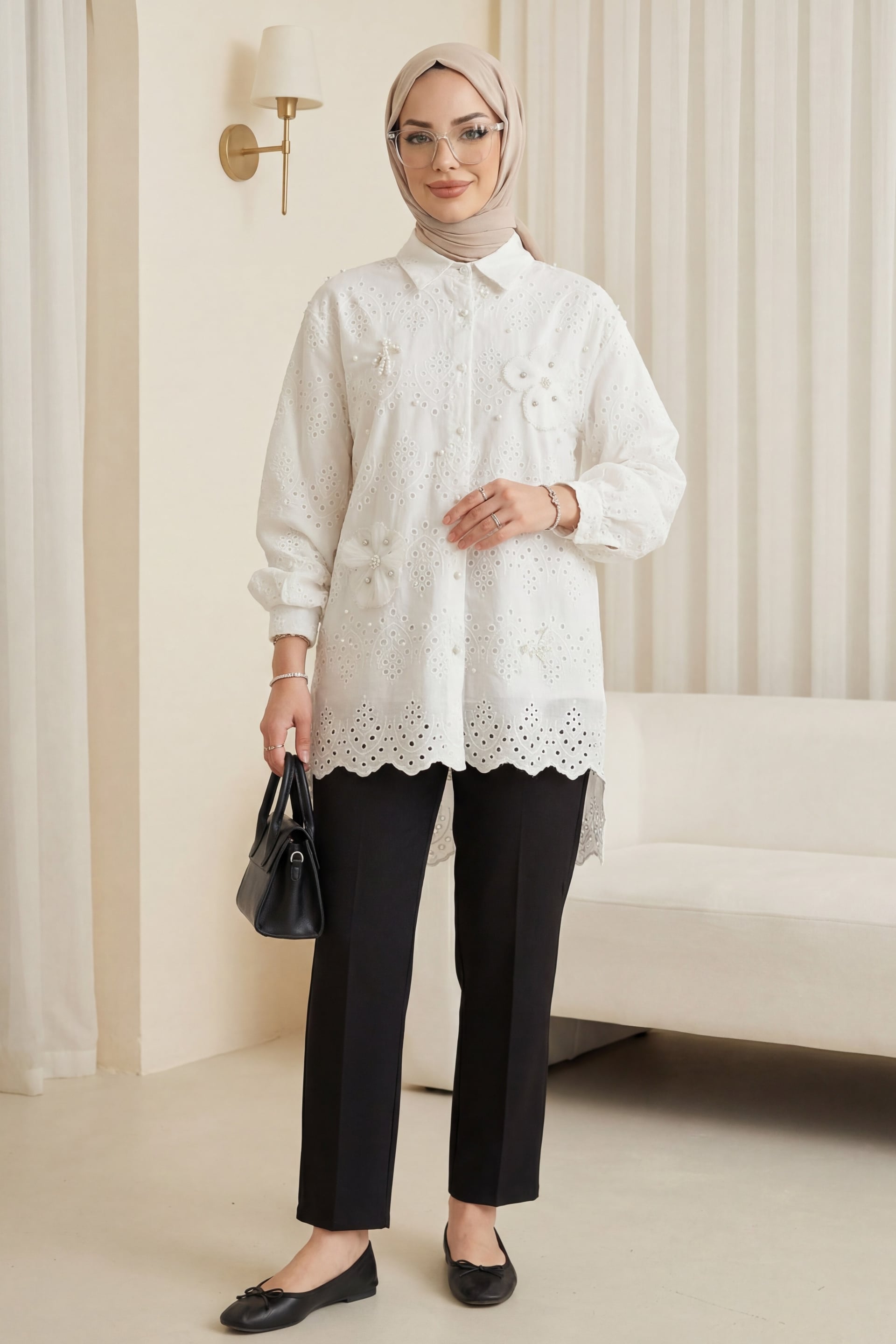 White Organza Tulle Detail Pearl Button Back Long Fringe Tunic - Podyumplus - by Peralane - photo 7