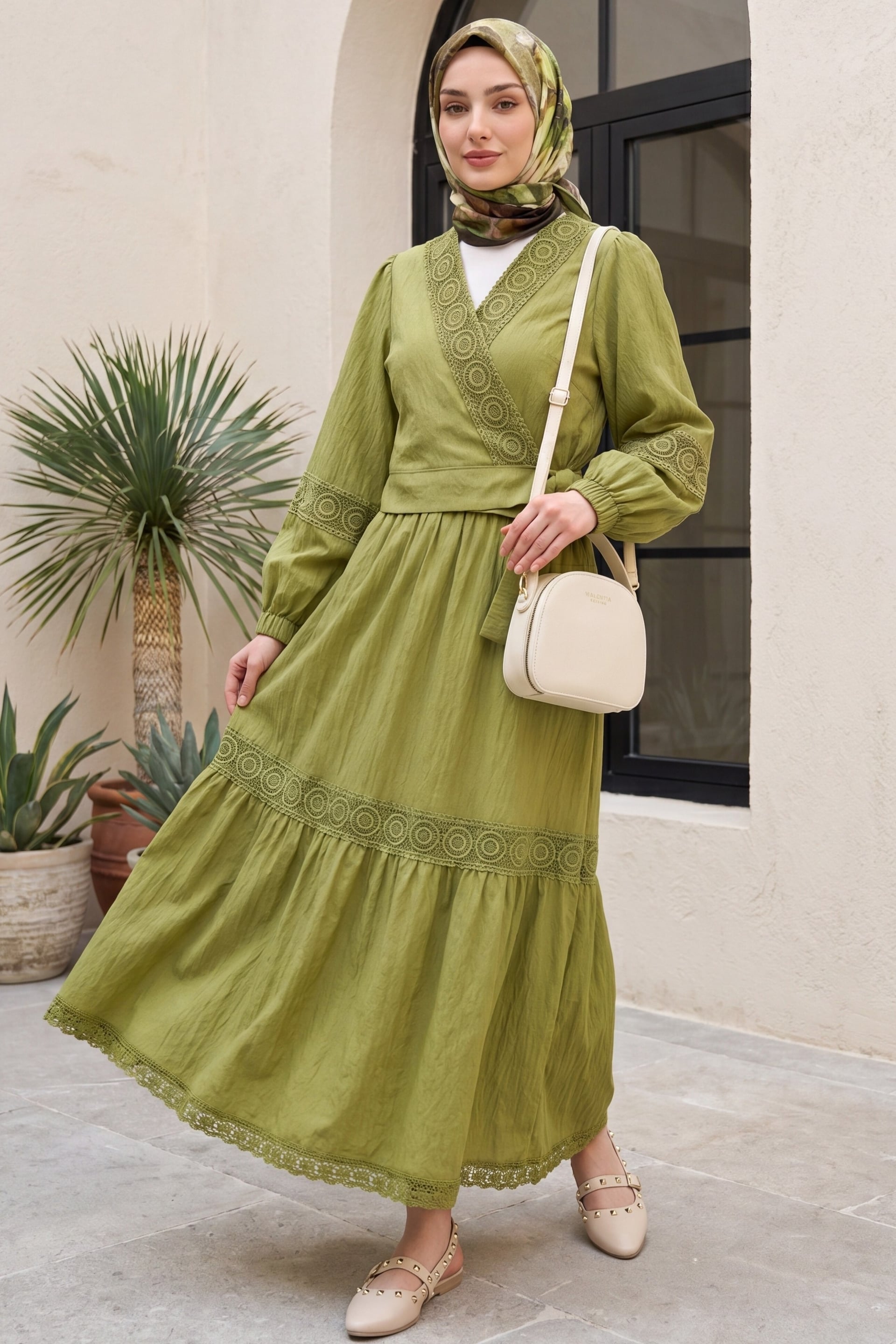 Women's Crochet Lace Trim Tie-Front Blouse and Tiered Skirt Set in Olive Green - Podyumplus - by Peralane - photo 4