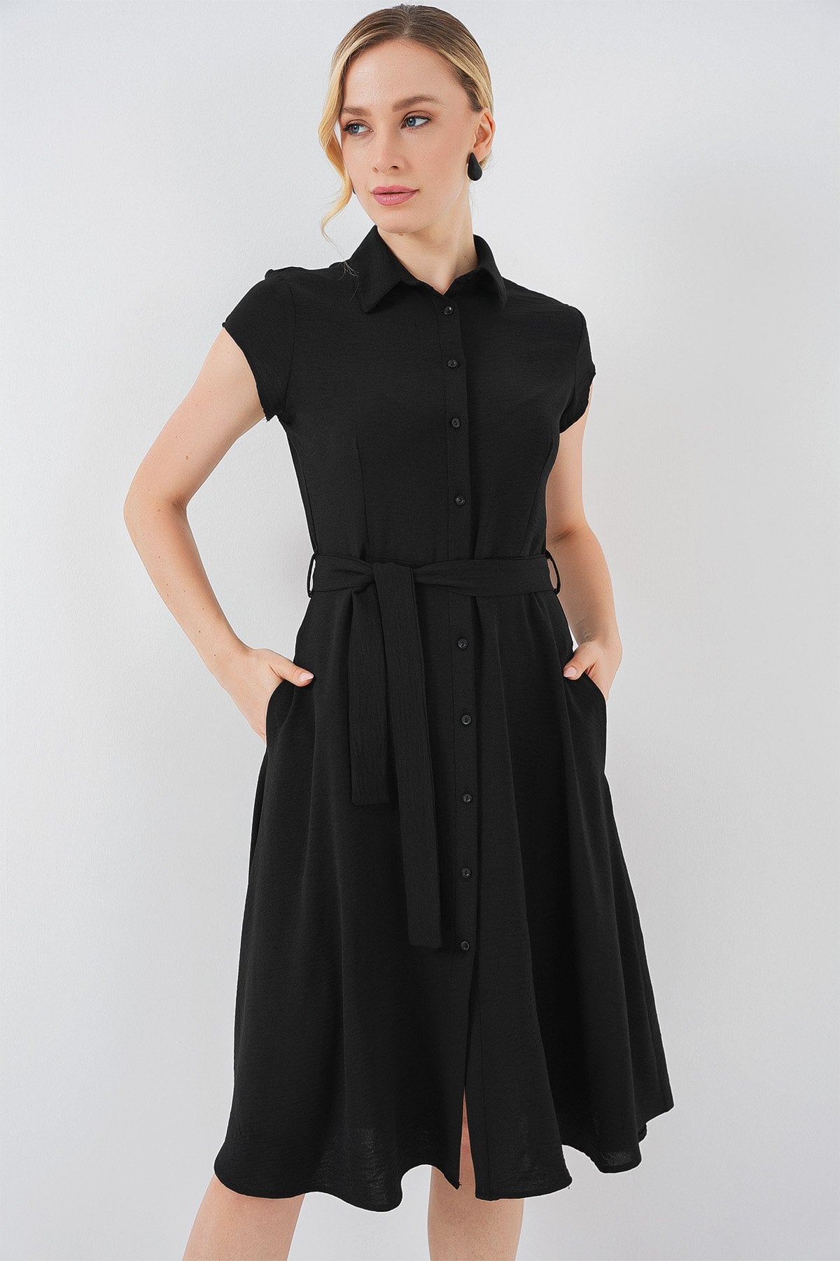 Black Button-Down Denim Dress with Tie Waist - Bigdart - by Peralane - photo 2