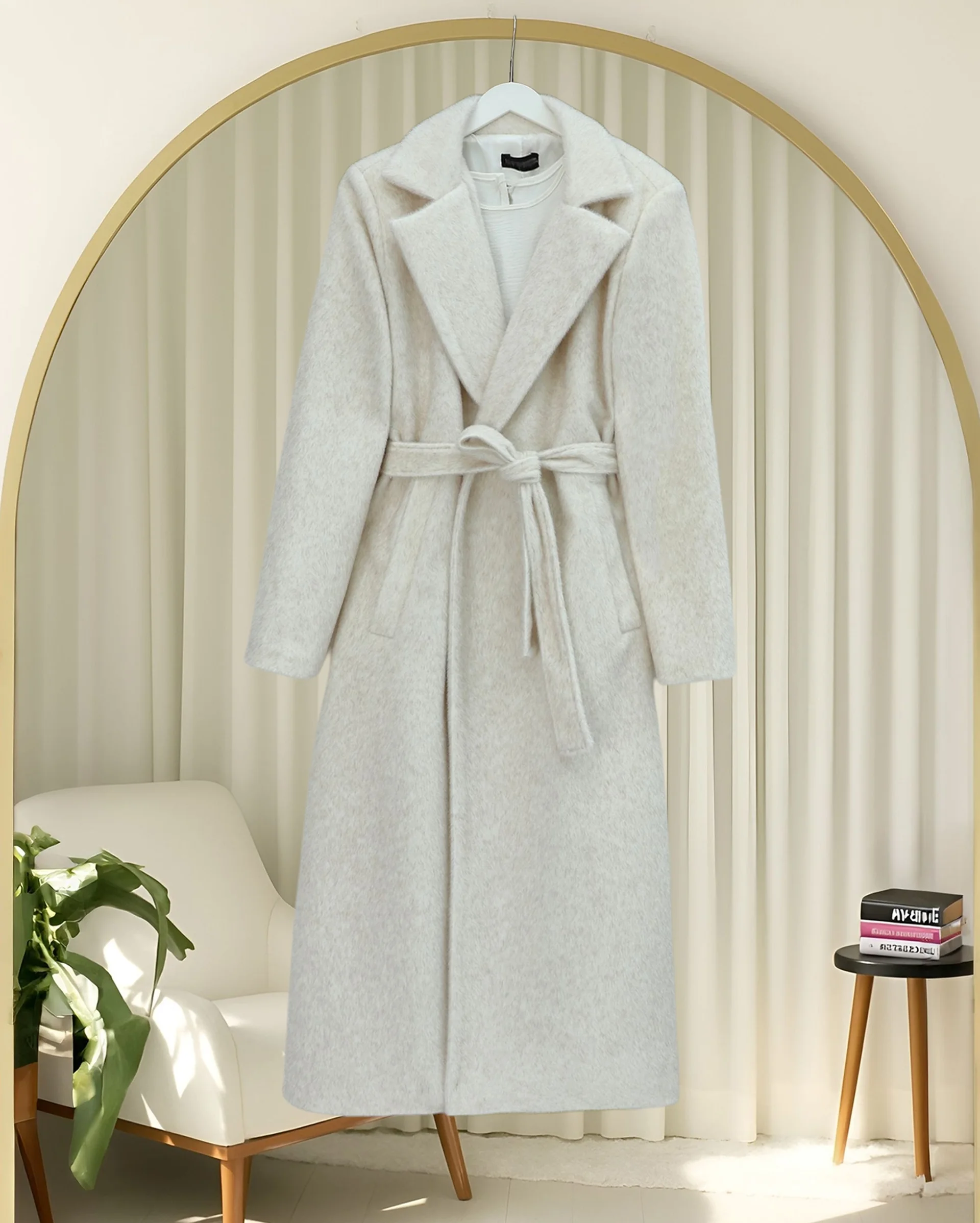 Cream Belted Lined Pocket Wool-Blend Coat - Podyumplus - by Peralane - photo 4