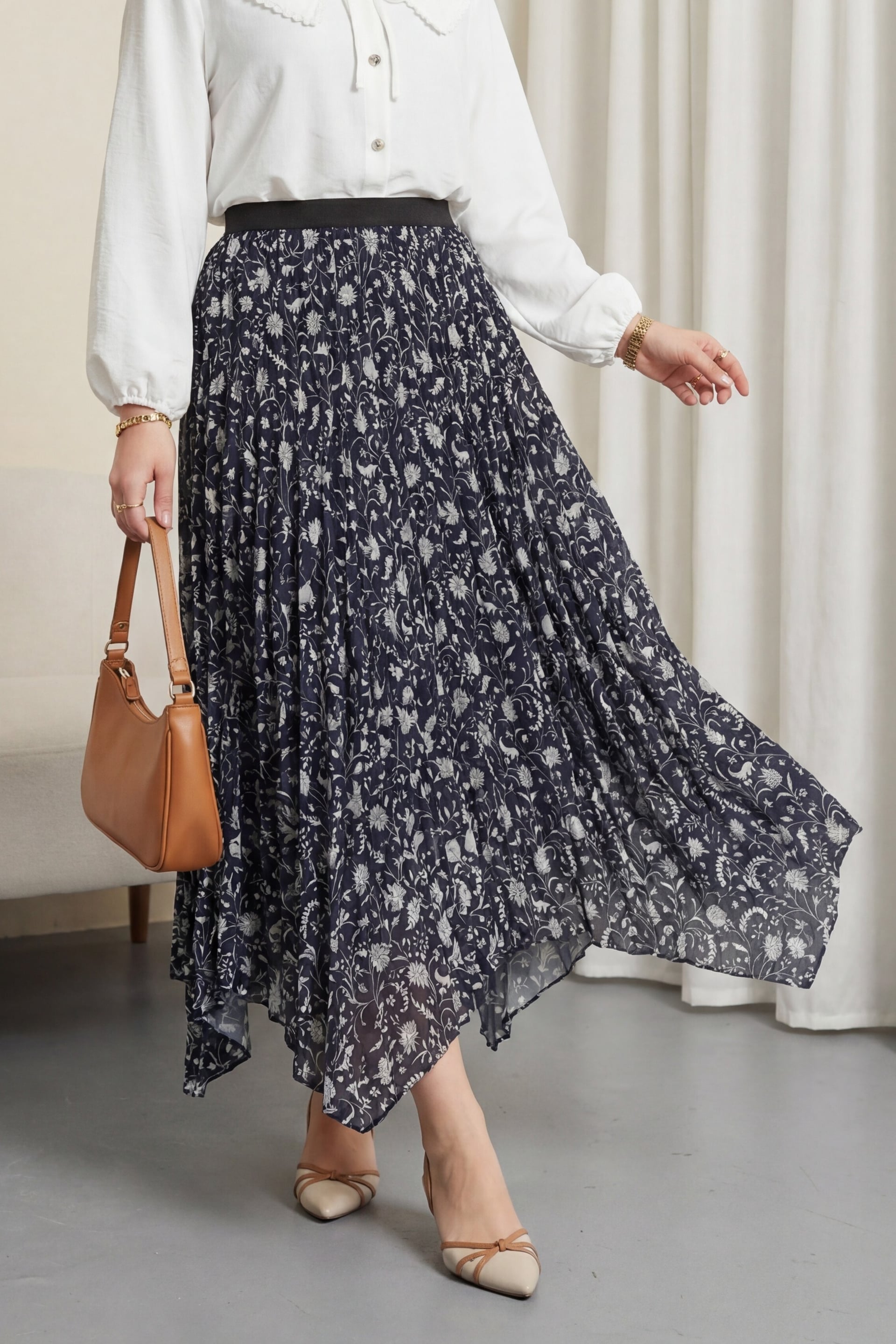Navy Blue Mixed Print Elasticated Waist Asymmetric Lined Tulle Skirt - Podyumplus - by Peralane - photo 5