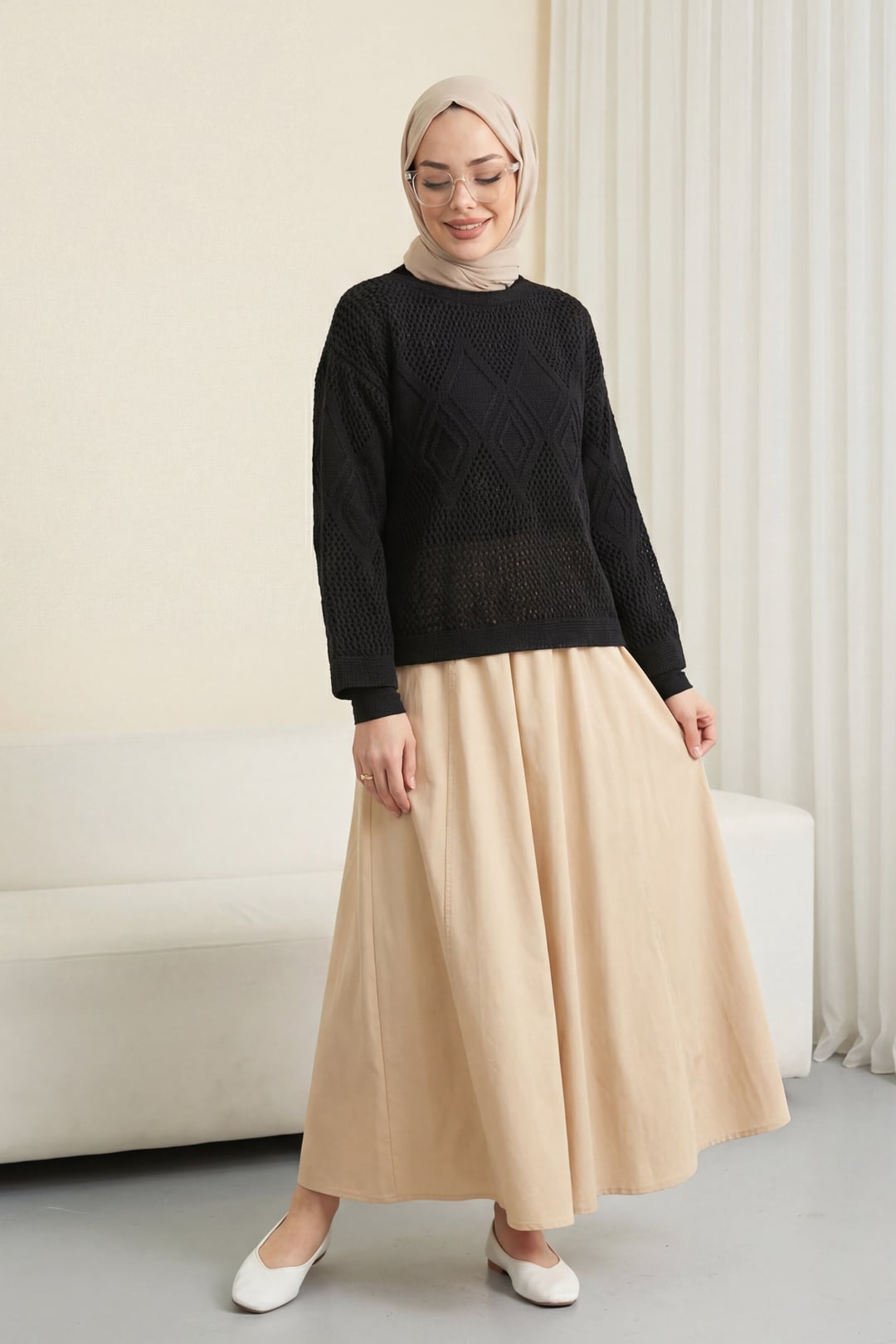 Black Diamond Pattern Open-Knit Sweater with Patterned Sleeves - Podyumplus - by Peralane - photo 2