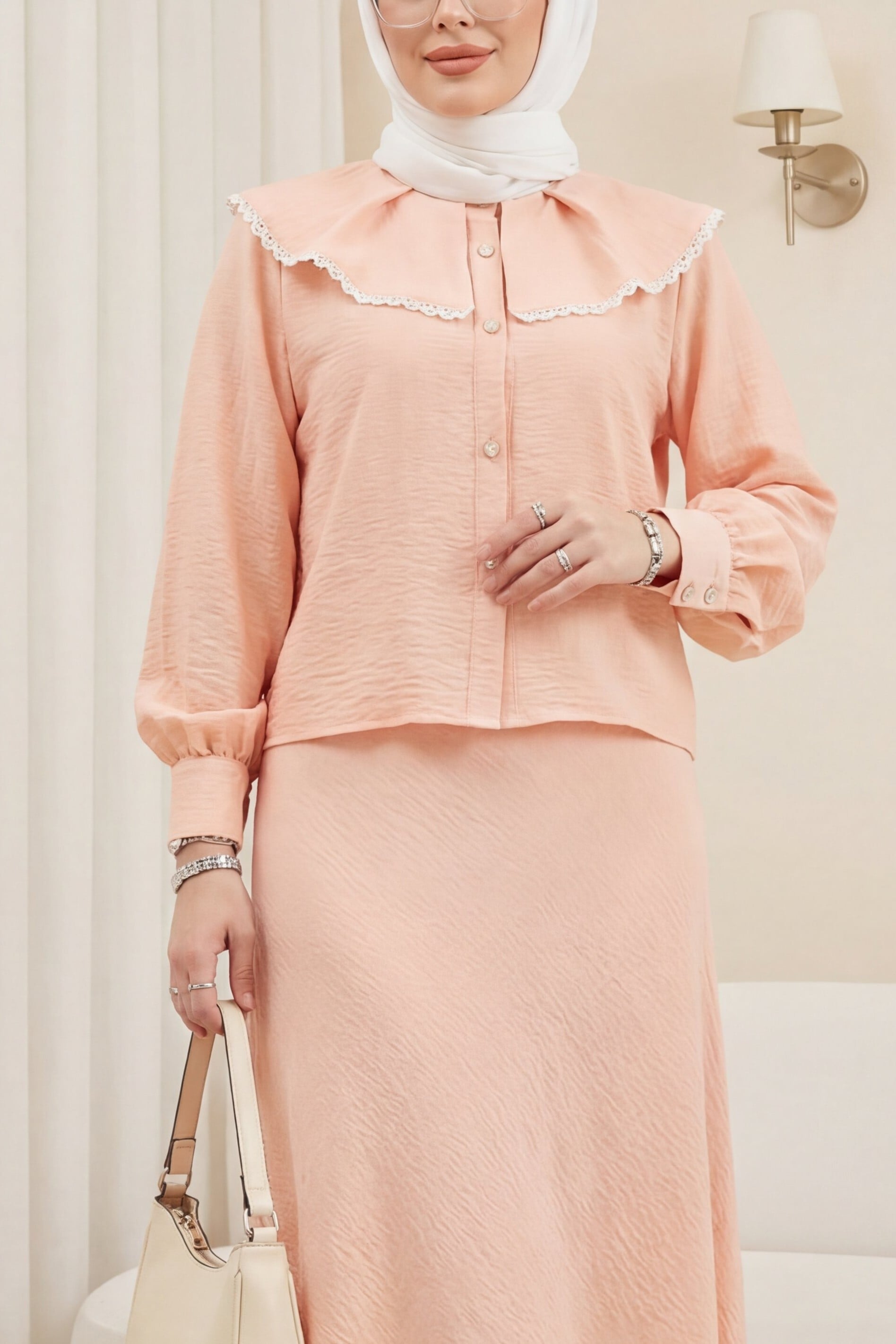 Ruffle Collar Lace Trim Two-Piece Modest Set in Peach - Podyumplus - by Peralane - photo 5
