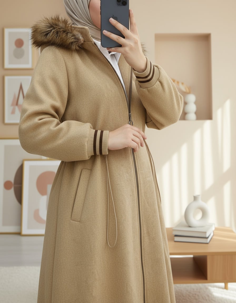 Hooded Drawstring Waist Faux Fur Trim Coat - Camel - Podyumplus - by Peralane - photo 2