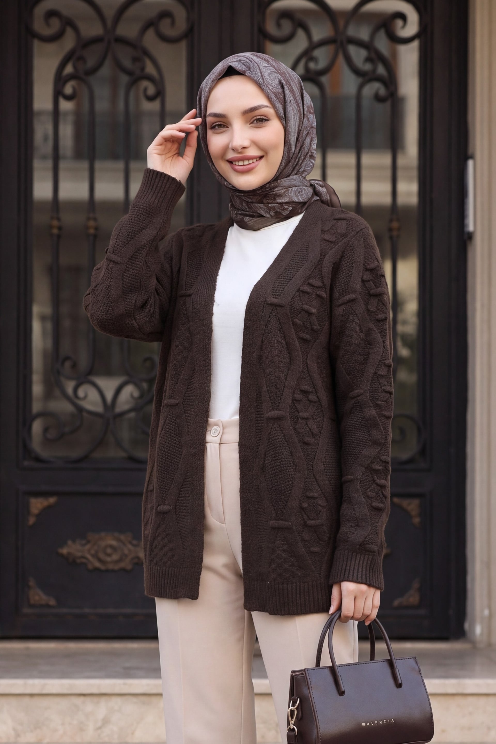 Pom Pom Detail Mid-Length Knit Cardigan - Dark Brown - Podyumplus - by Peralane - photo 2