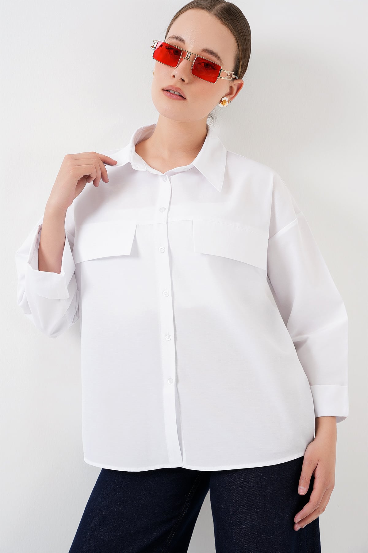 Women's Oversize Blouse with Pocket Detail - White - Bigdart - by Peralane - photo 6