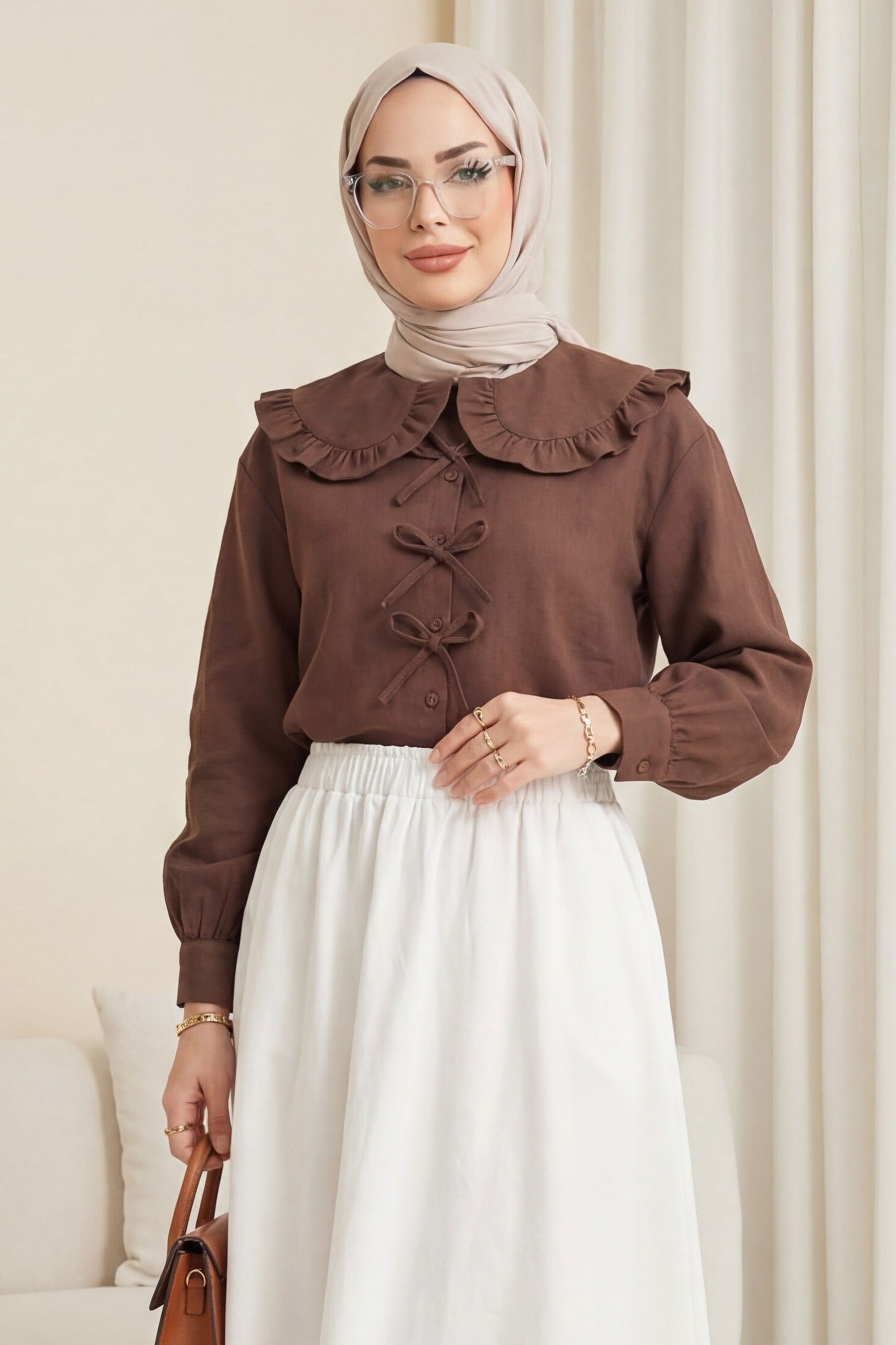 Brown Peter Pan Collar Ribbon Tie Blouse - Podyumplus - by Peralane - photo 4