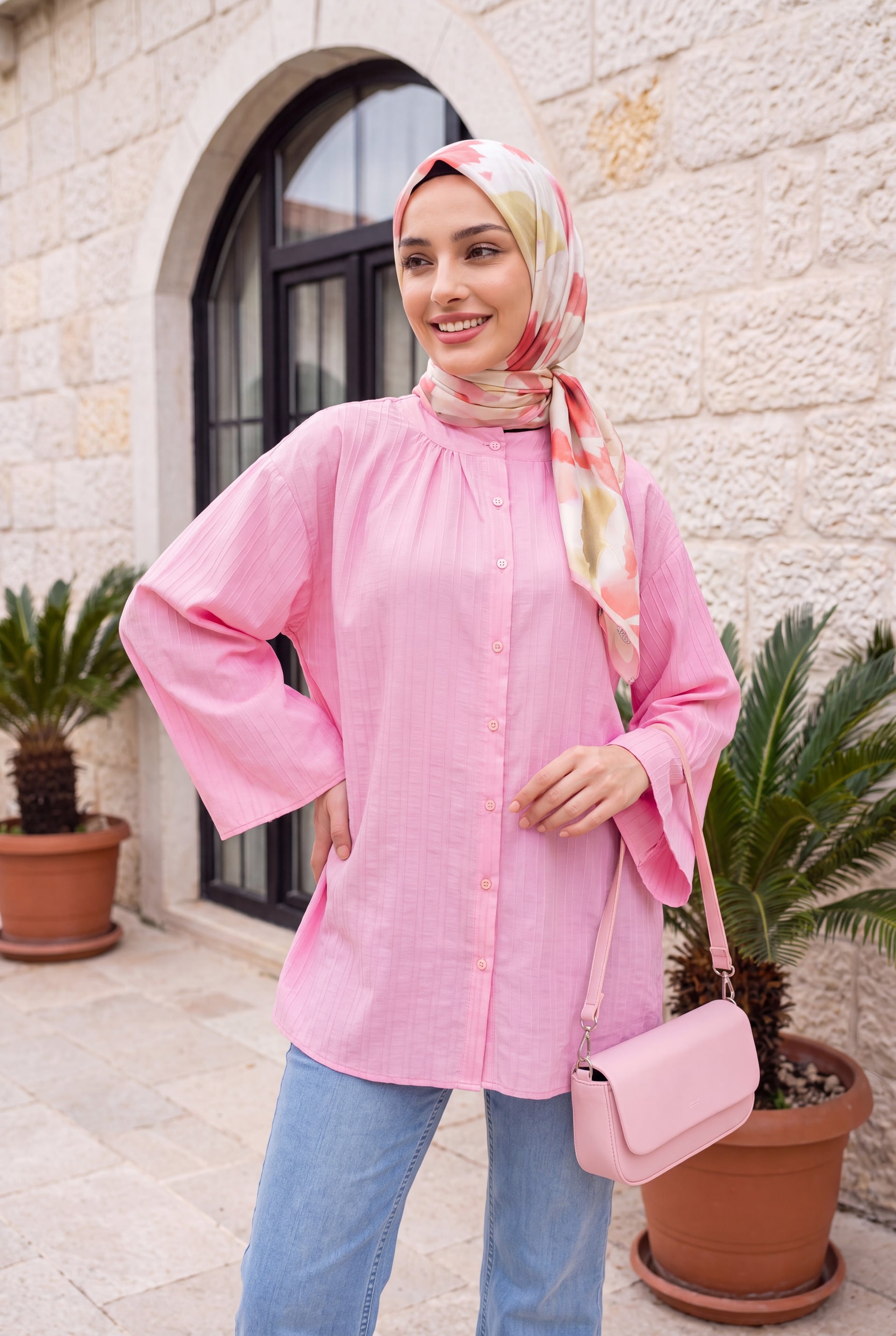 Round Neck Buttoned Spanish Sleeve Siena Tunic - Pink - Podyumplus - by Peralane