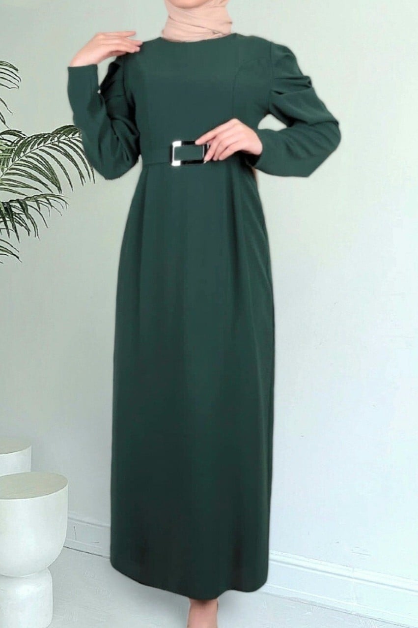 Long-Sleeve Belted Modest Dress with Round Neckline - Emerald - Podyumplus - by Peralane