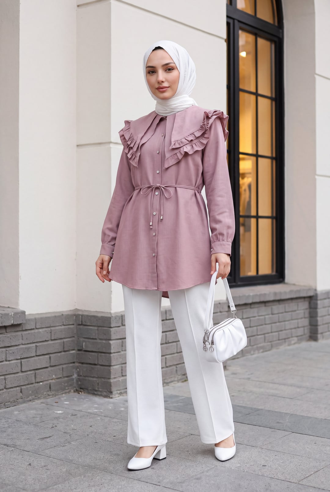 Double-Layer Ruffled Collar Buttoned Tie-Waist Linen Look Tunic - Powder - Podyumplus - by Peralane - photo 3