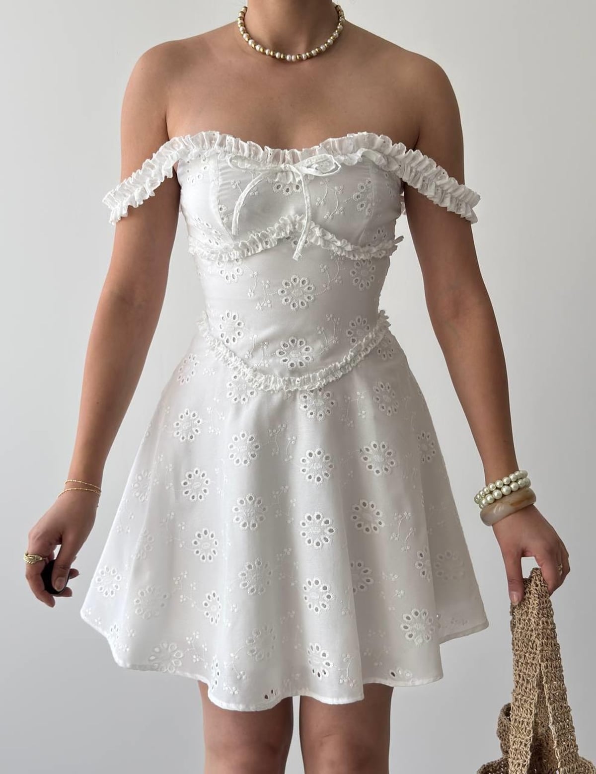 White Eyelet Off-the-Shoulder Mini Dress with Floral Embroidery - Etika - by Peralane - photo 2