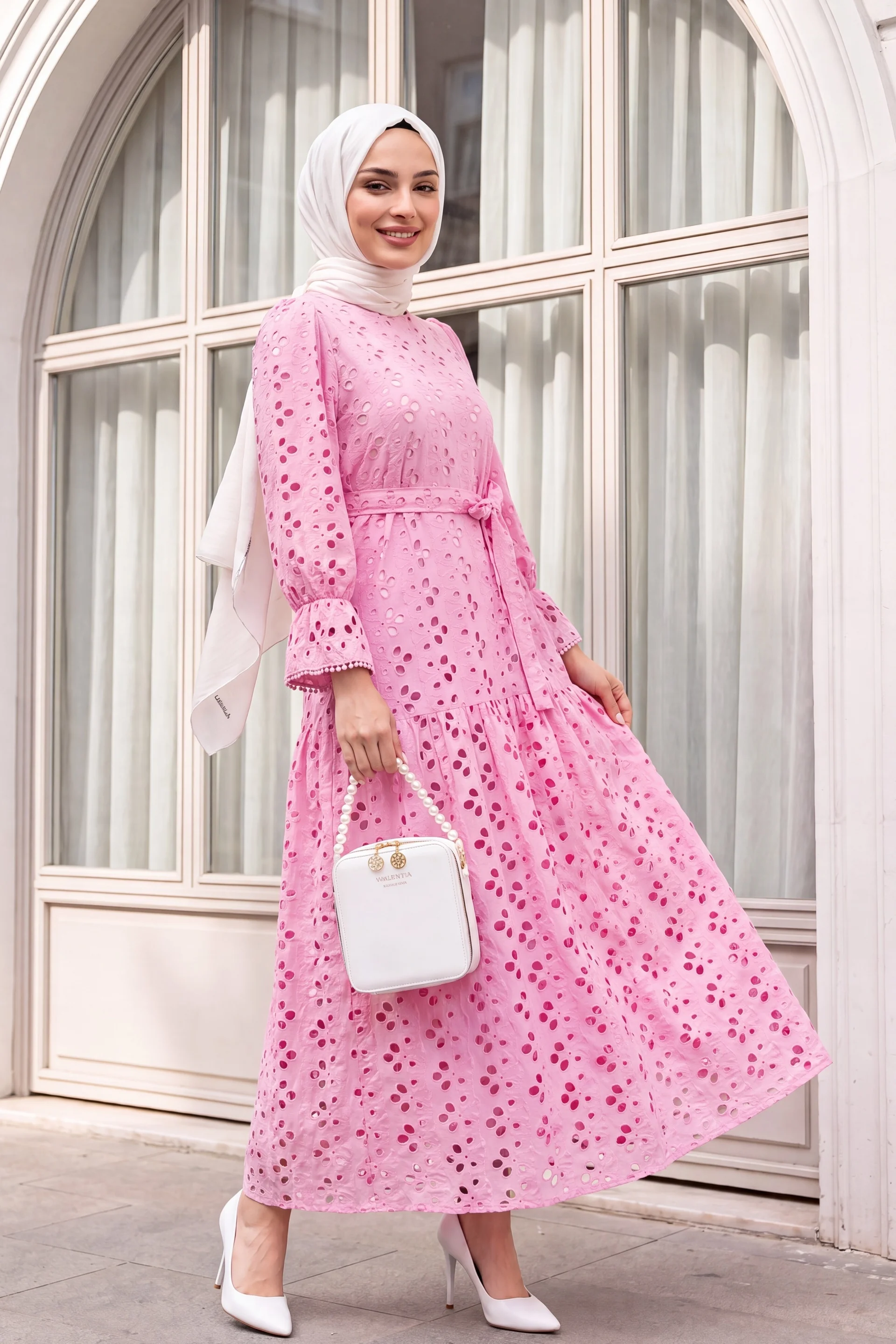 Pink Floral Eyelet Long Linen Look Dress with Round Neck and Ruffled Cuffs - Podyumplus - by Peralane - photo 2