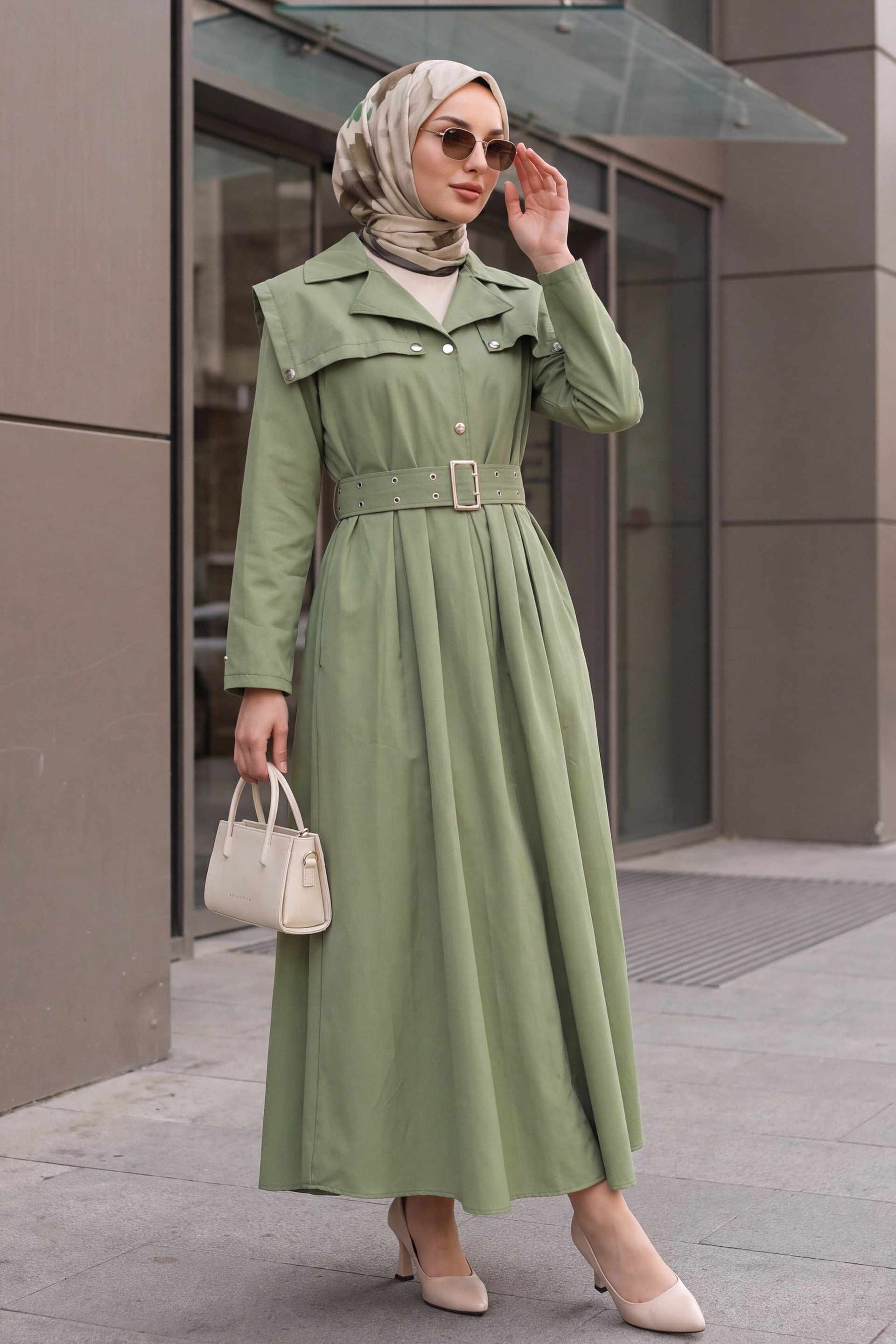 Half-Button Collared Side-Pocket Belted Cotton Satin Dress - Olive Green - Podyumplus - by Peralane - photo 2