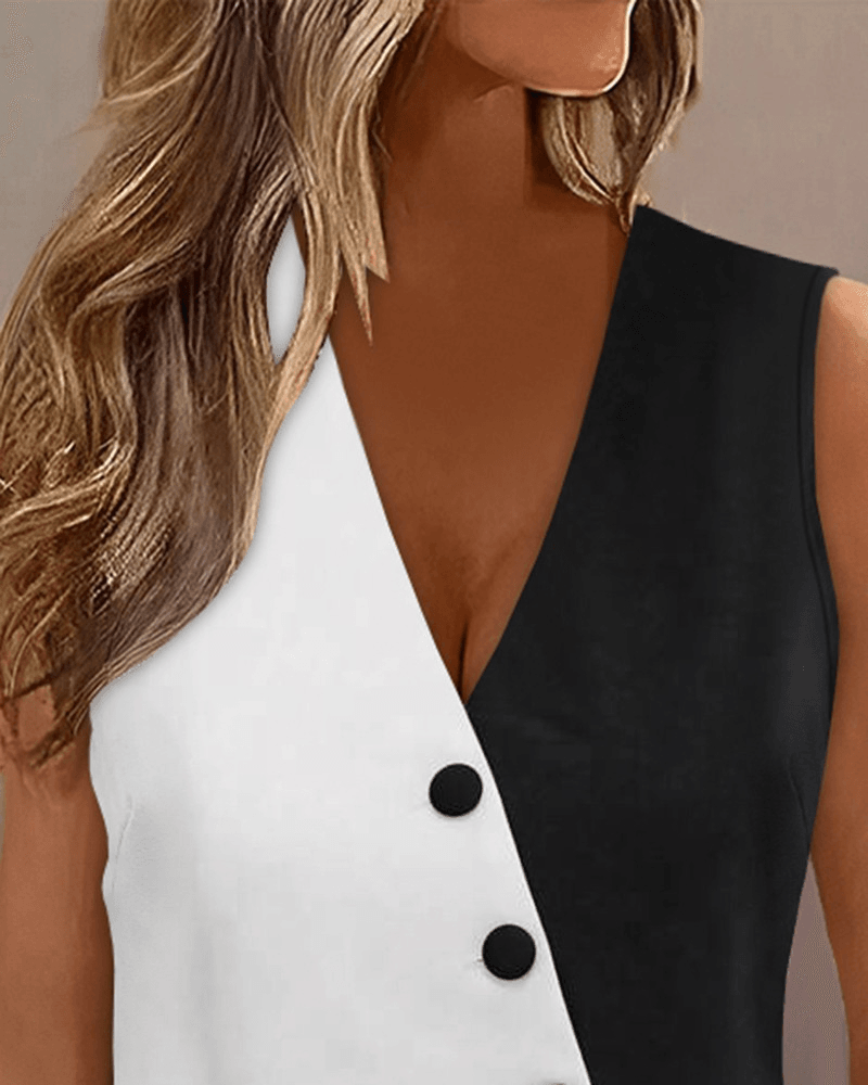 Women's Sleeveless V-Neck Buttoned Color-Block Satin Vest - Janes - by Peralane - photo 2