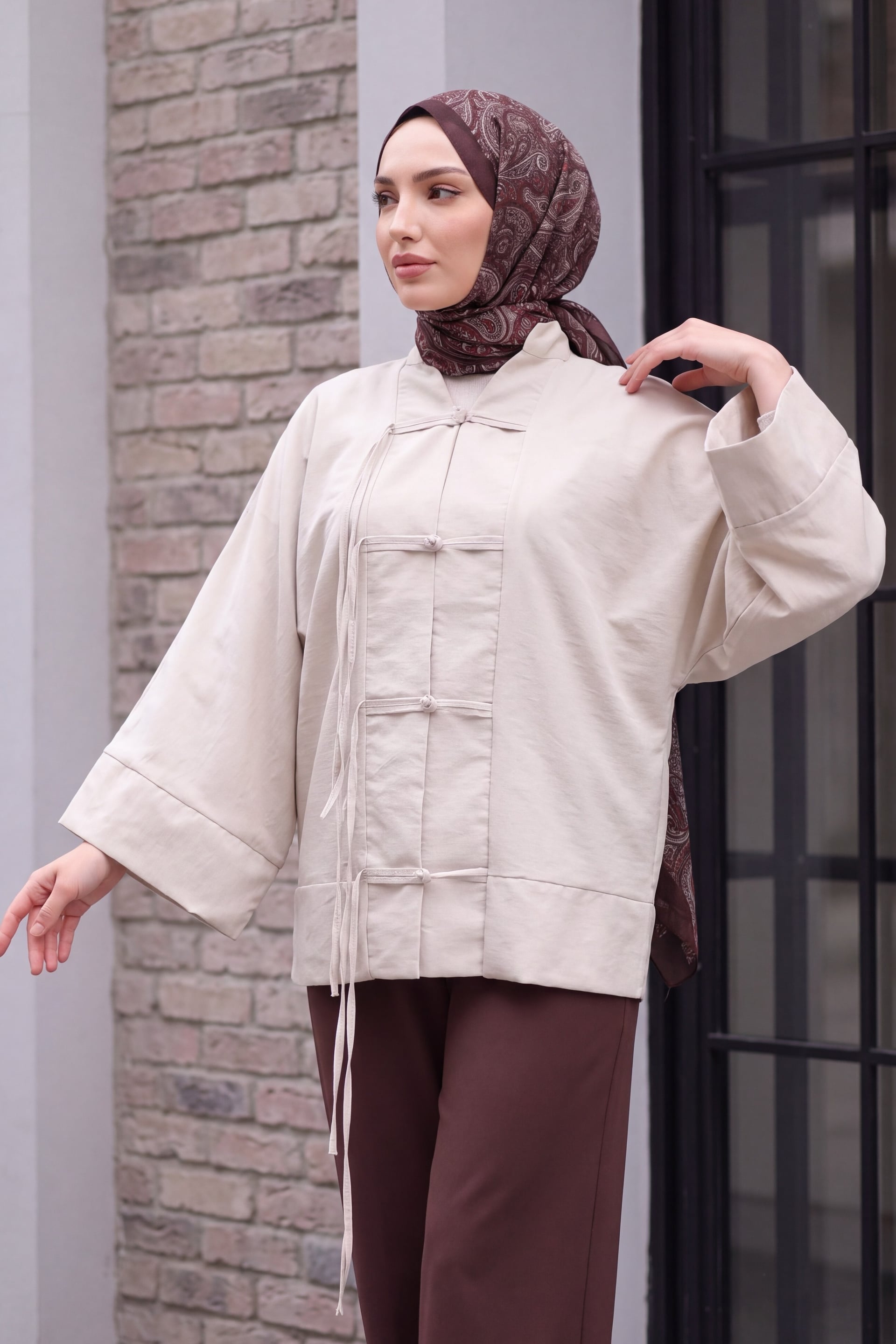 Chinese Knot Closure Mandarin Collar Parachute Kimono - Stone - Podyumplus - by Peralane - photo 8