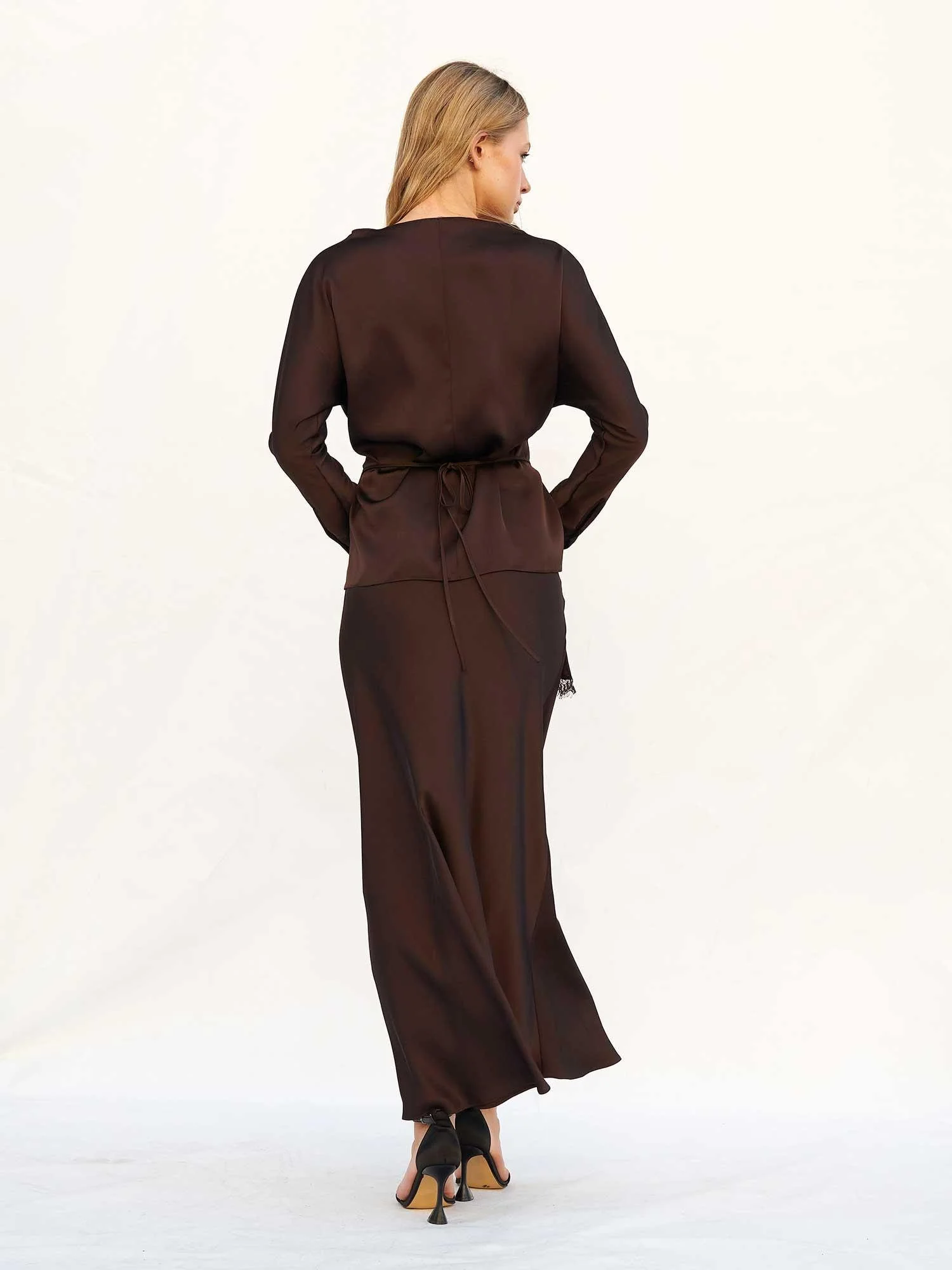 Long Sleeve Satin Dress with Lace Trim Skirt - Lefon - by Peralane - photo 3
